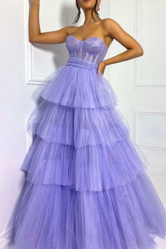 Purple Strapless Tulle Long A-Line Formal Dress