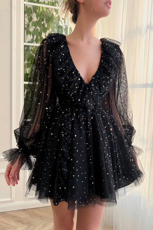 Black V-Neck Tulle Short Prom Dress, Cute Long Sleeve Homecoming Party Dress