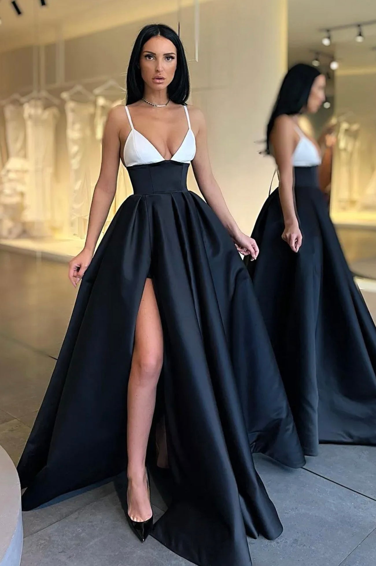 Balck satin long prom dress A line evening dress