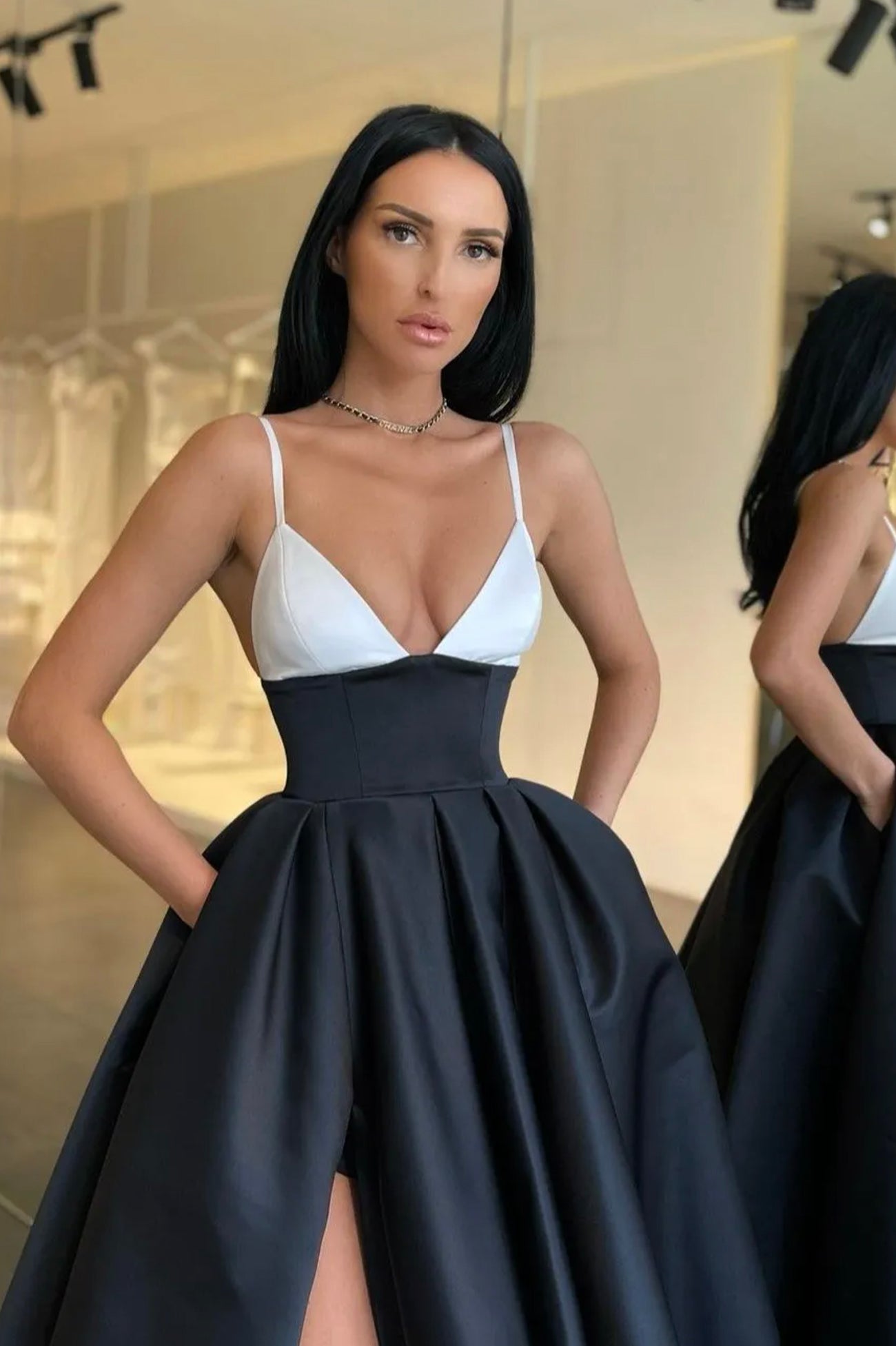 Balck satin long prom dress A line evening dress