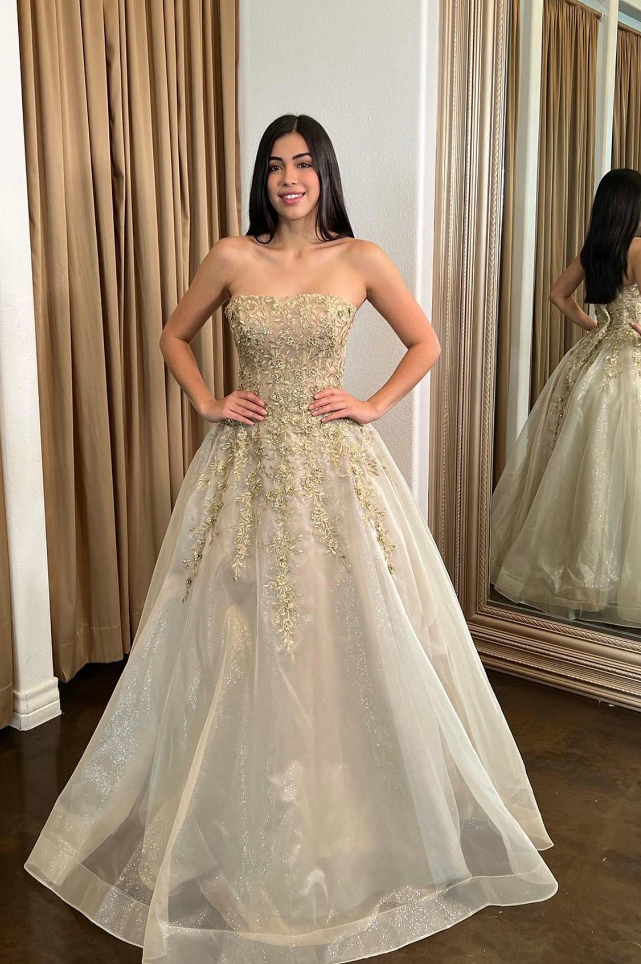 Champagne Strapless Lace Long Prom Dress