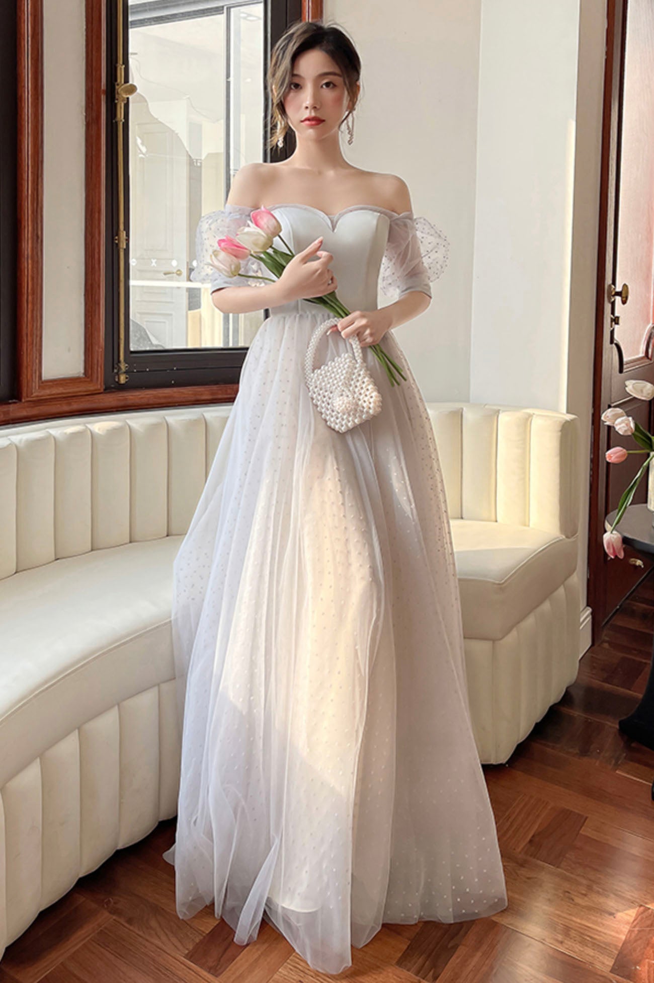 Gray Tulle Floor Length A-Line Prom Dress