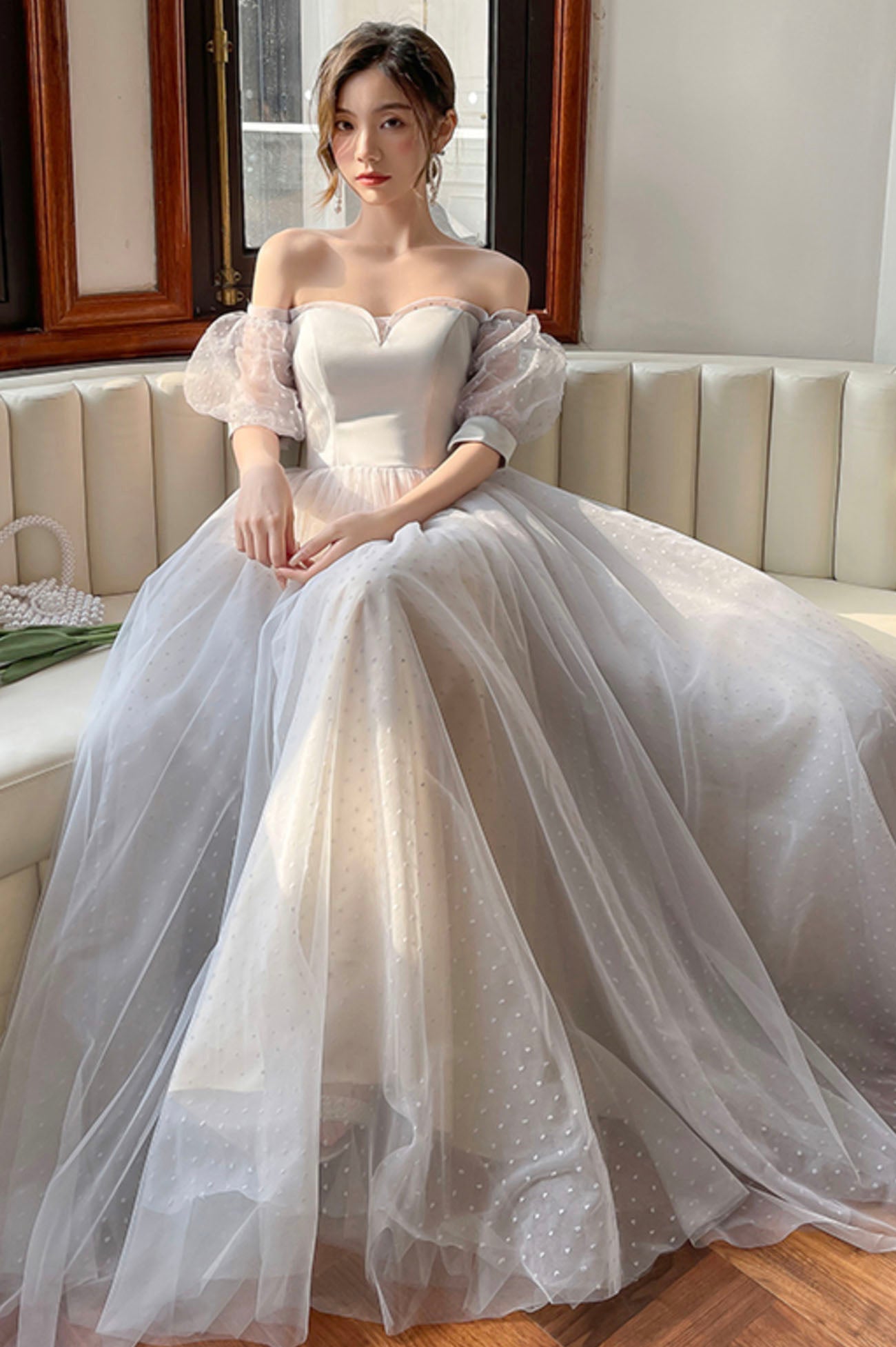 Gray Tulle Floor Length A-Line Prom Dress