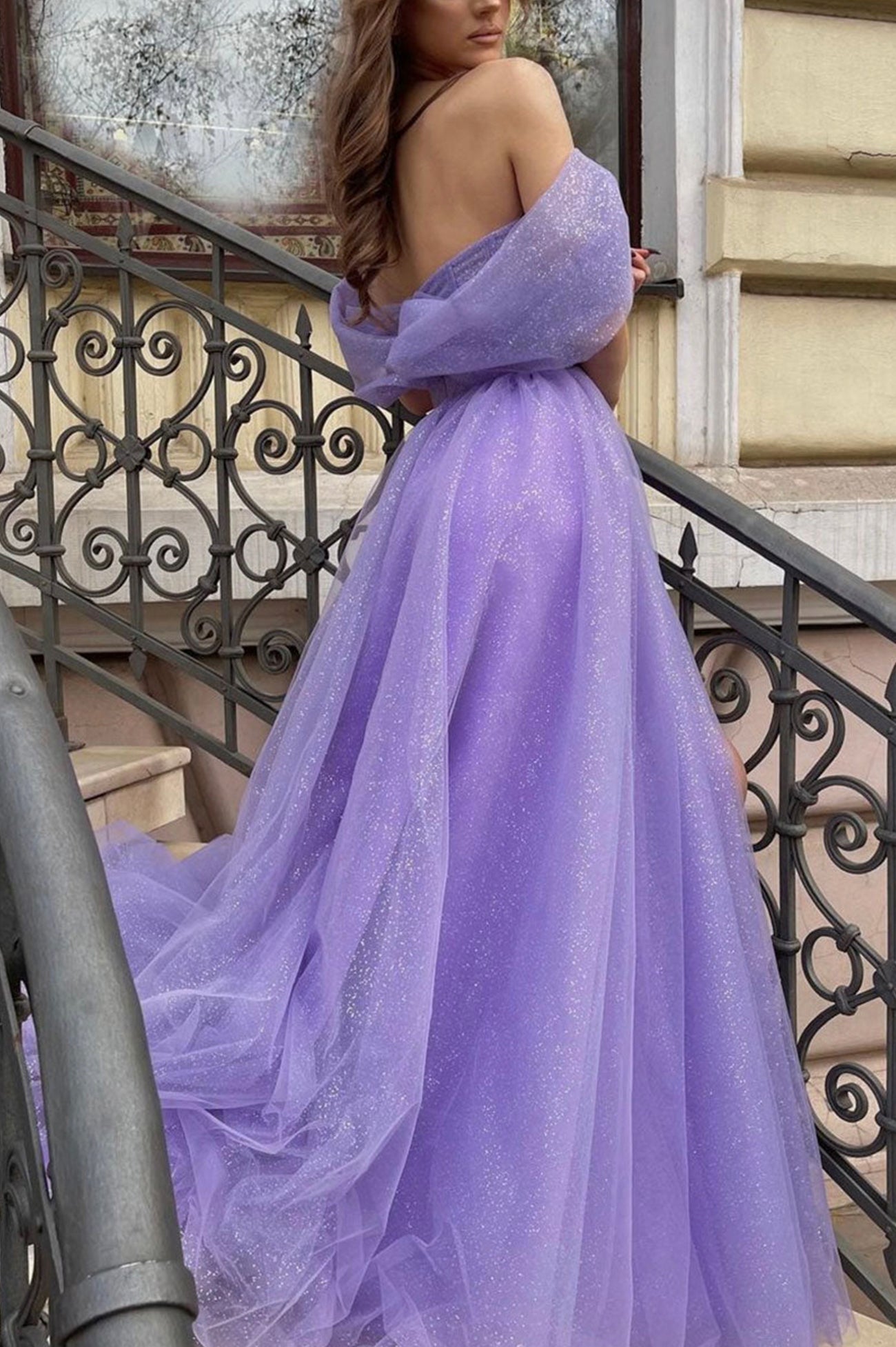 Purple Tulle Off the Shoulder Evening Dress
