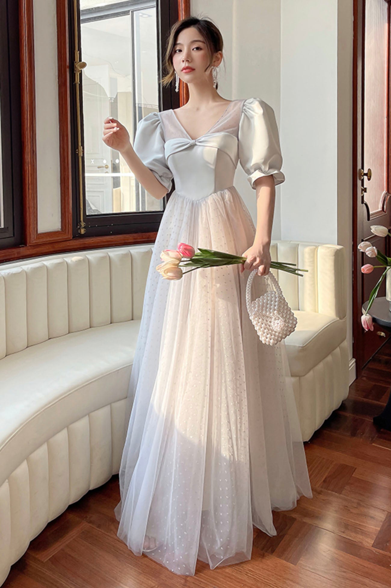 Gray Tulle Floor Length A-Line Prom Dress