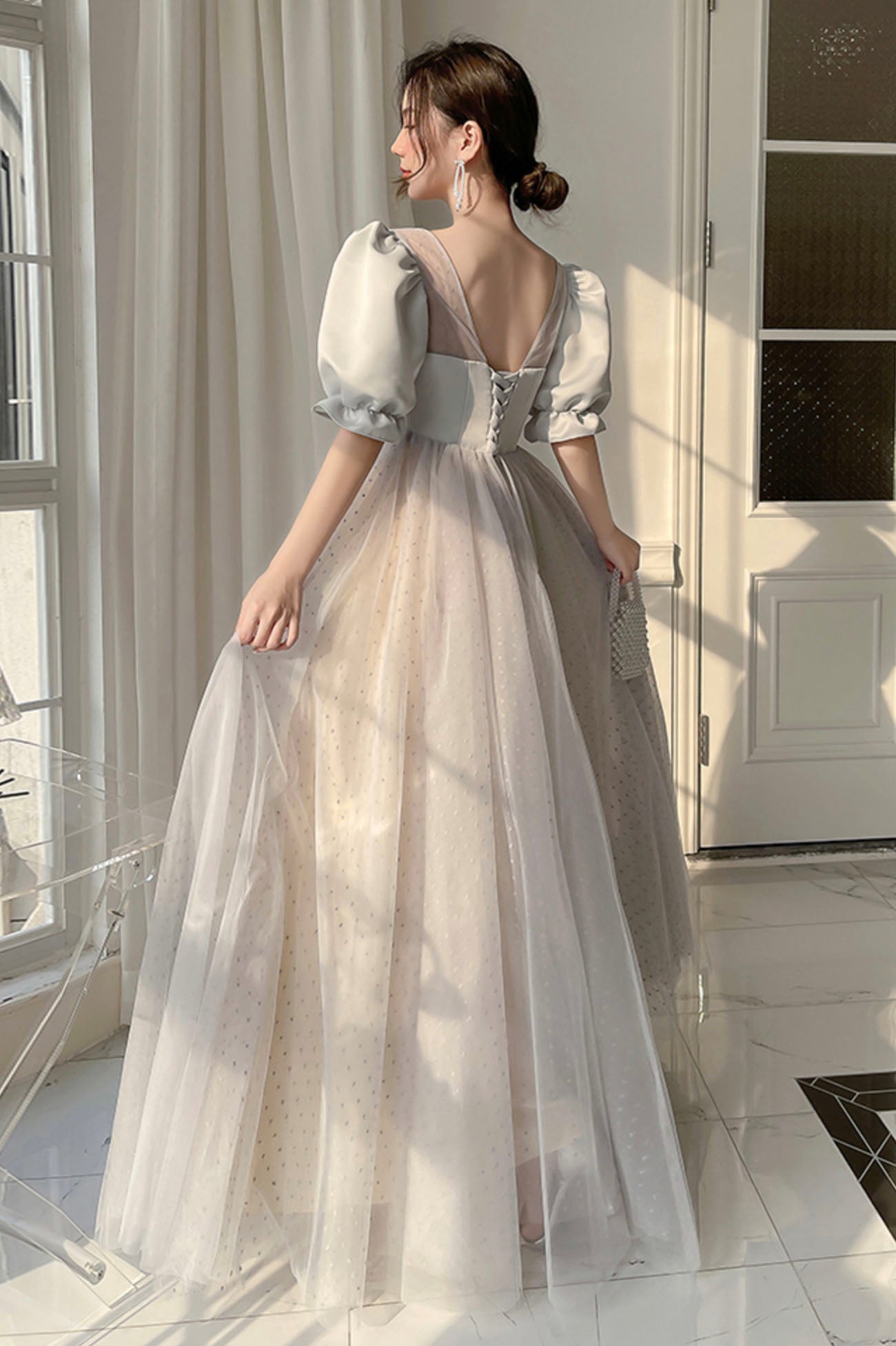 Gray Tulle Floor Length A-Line Prom Dress