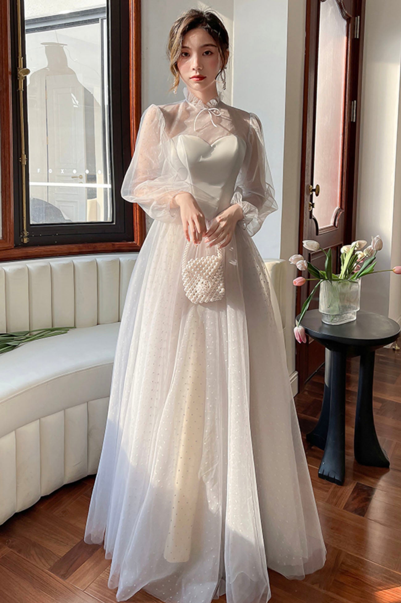 Gray Tulle Floor Length A-Line Prom Dress