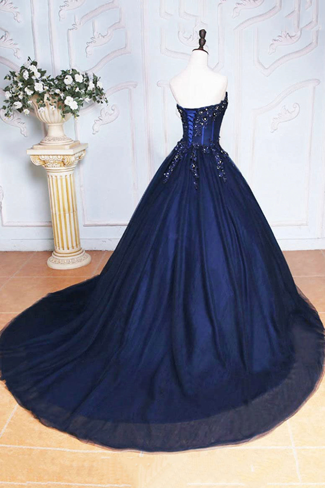 Dark Blue Tulle Lace Princess Dress, Beautiful Strapless Long Prom Dress