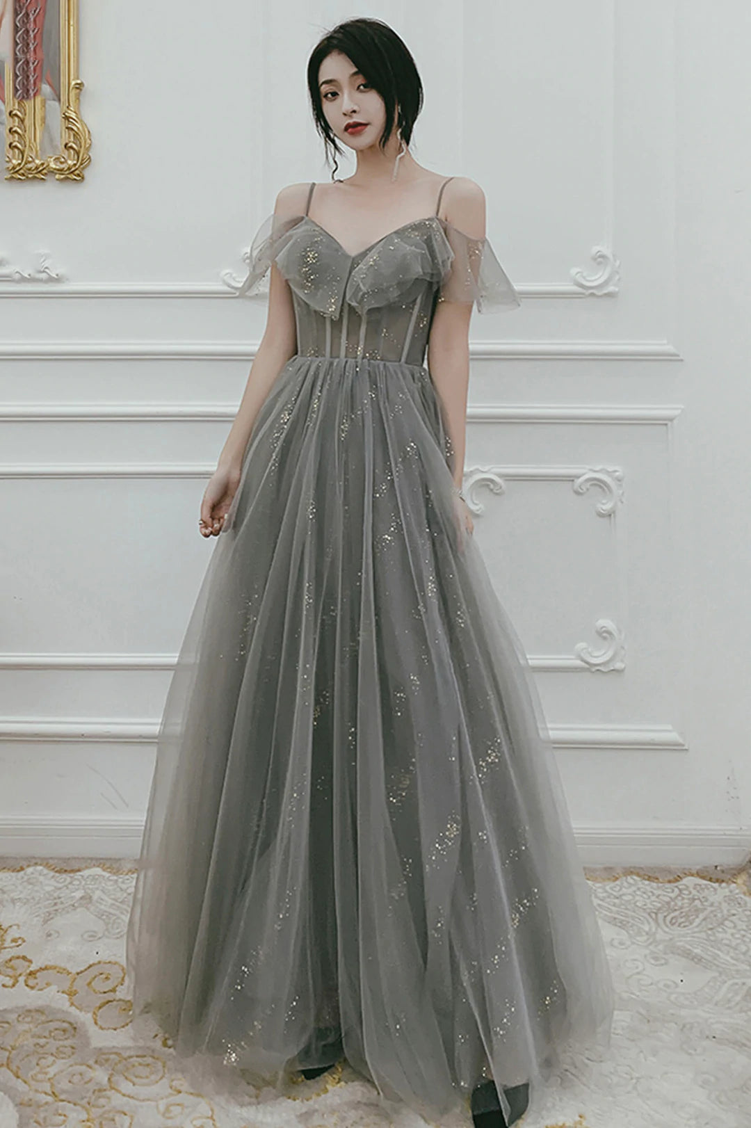 Gray Tulle Floor Length A-Line Prom Dress