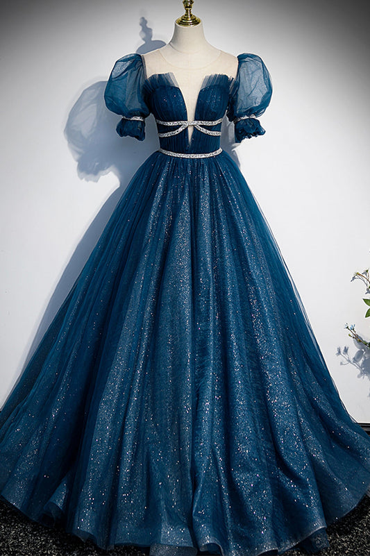 Stylish Tulle Sequins Long Prom Dress, A-Line Short Sleeve Evening Dress