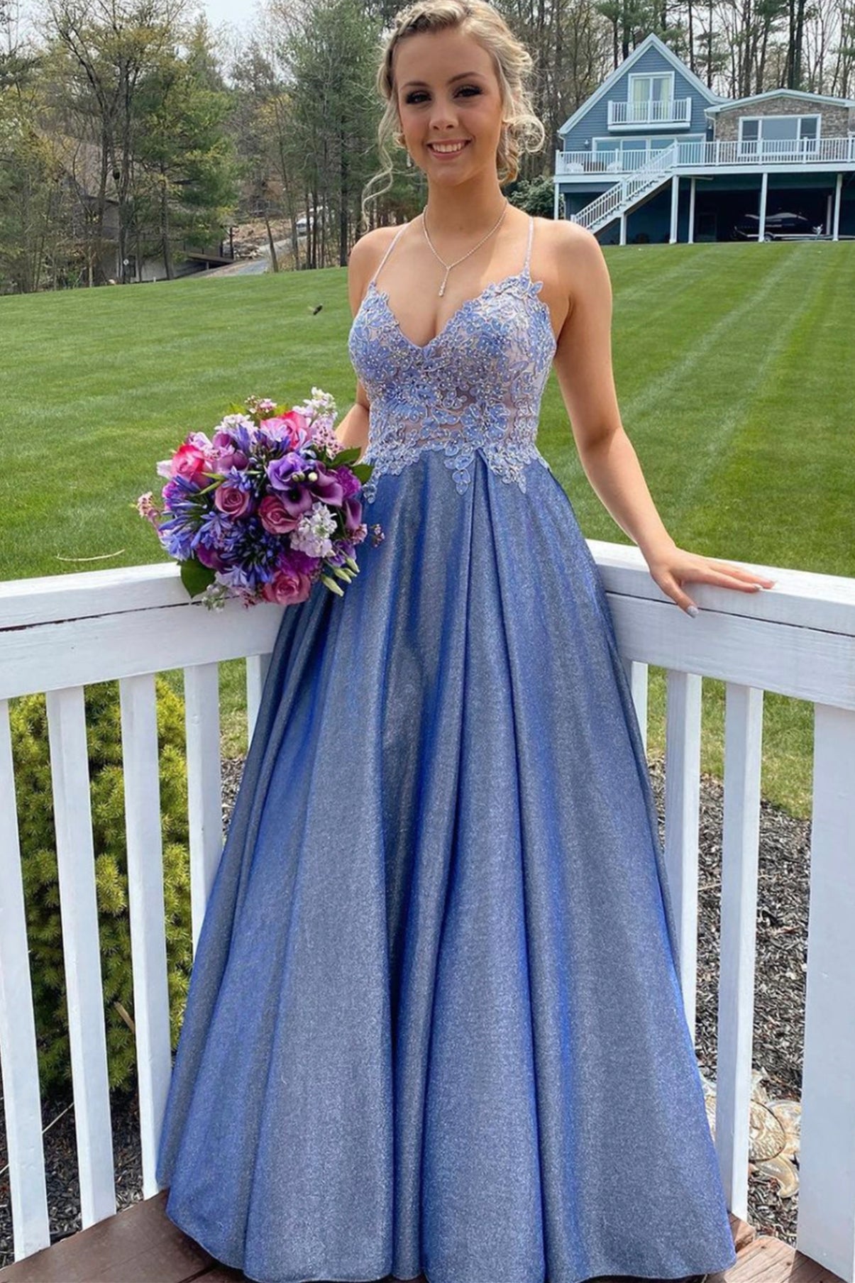 Blue Spaghetti Strap V-Neck Lace Floor Length Prom Dress