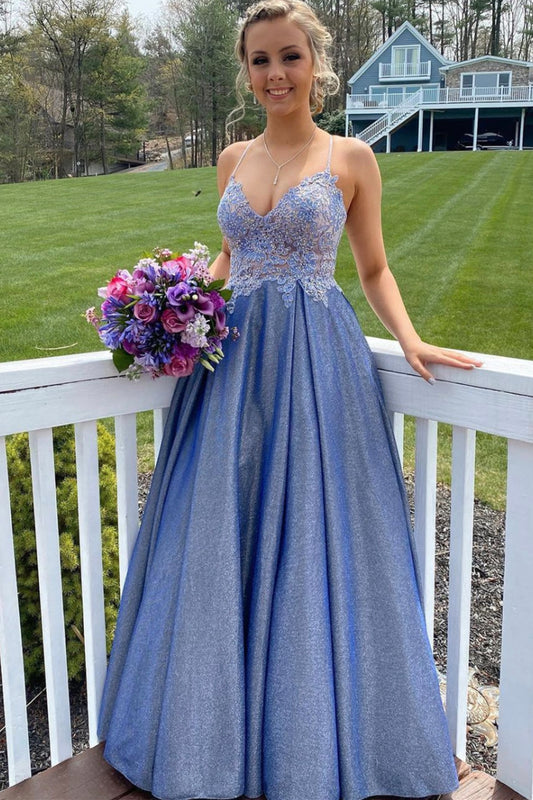 Blue Spaghetti Strap V-Neck Lace Floor Length Prom Dress