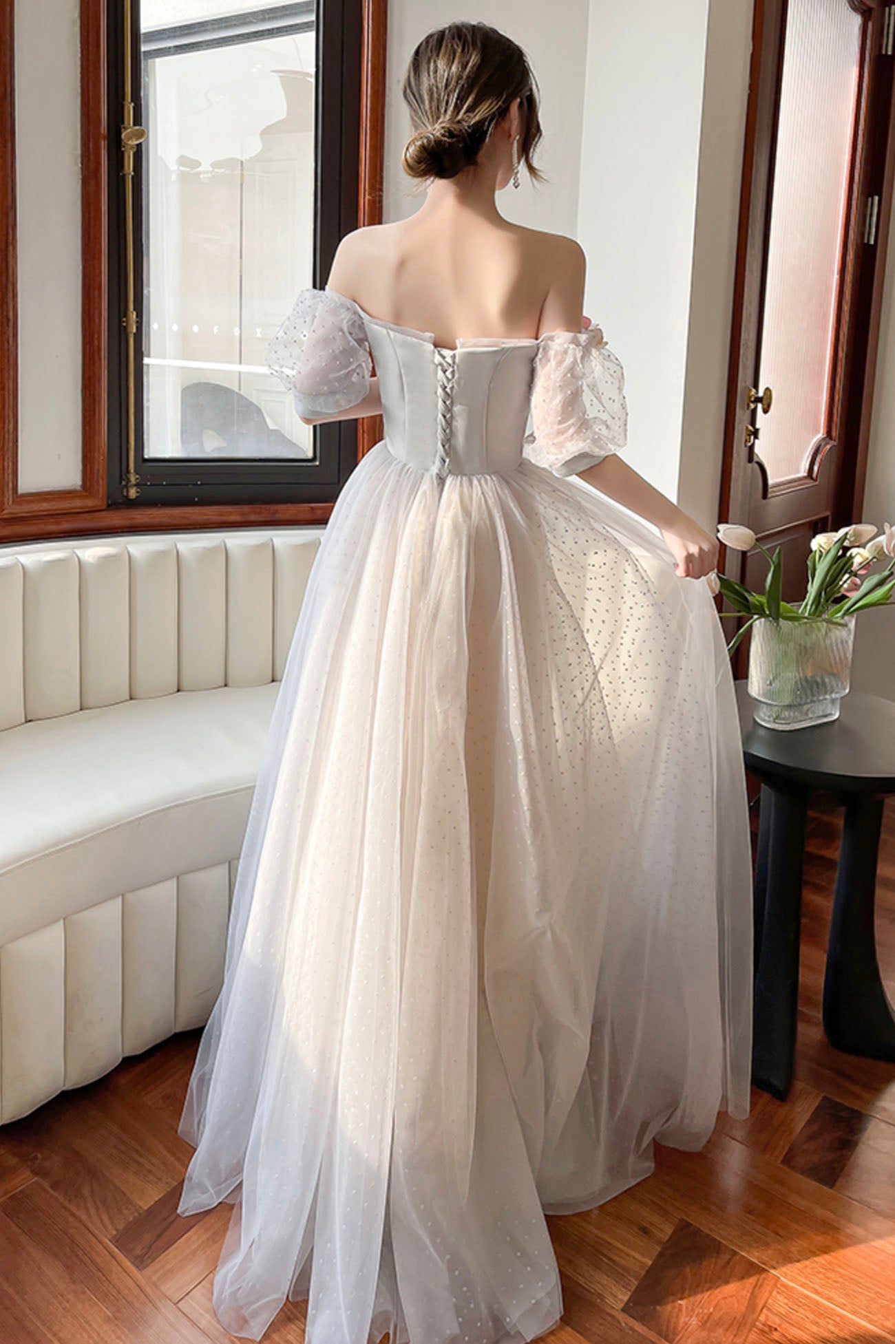 Gray Tulle Floor Length A-Line Prom Dress