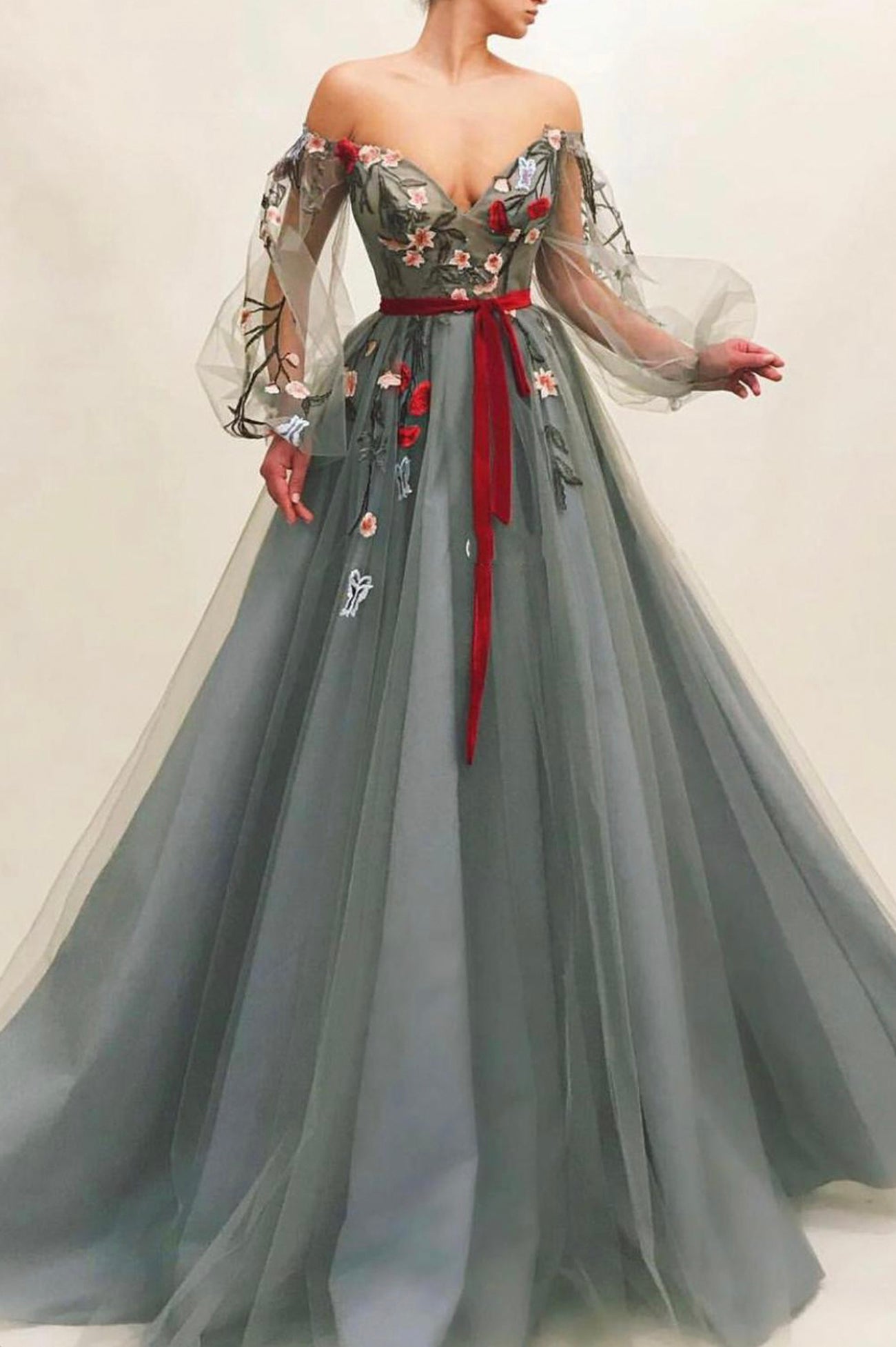Gray tulle lace long prom dress A line evening dress girlideas Gray tulle lace long prom dress A line evening dress girlideas