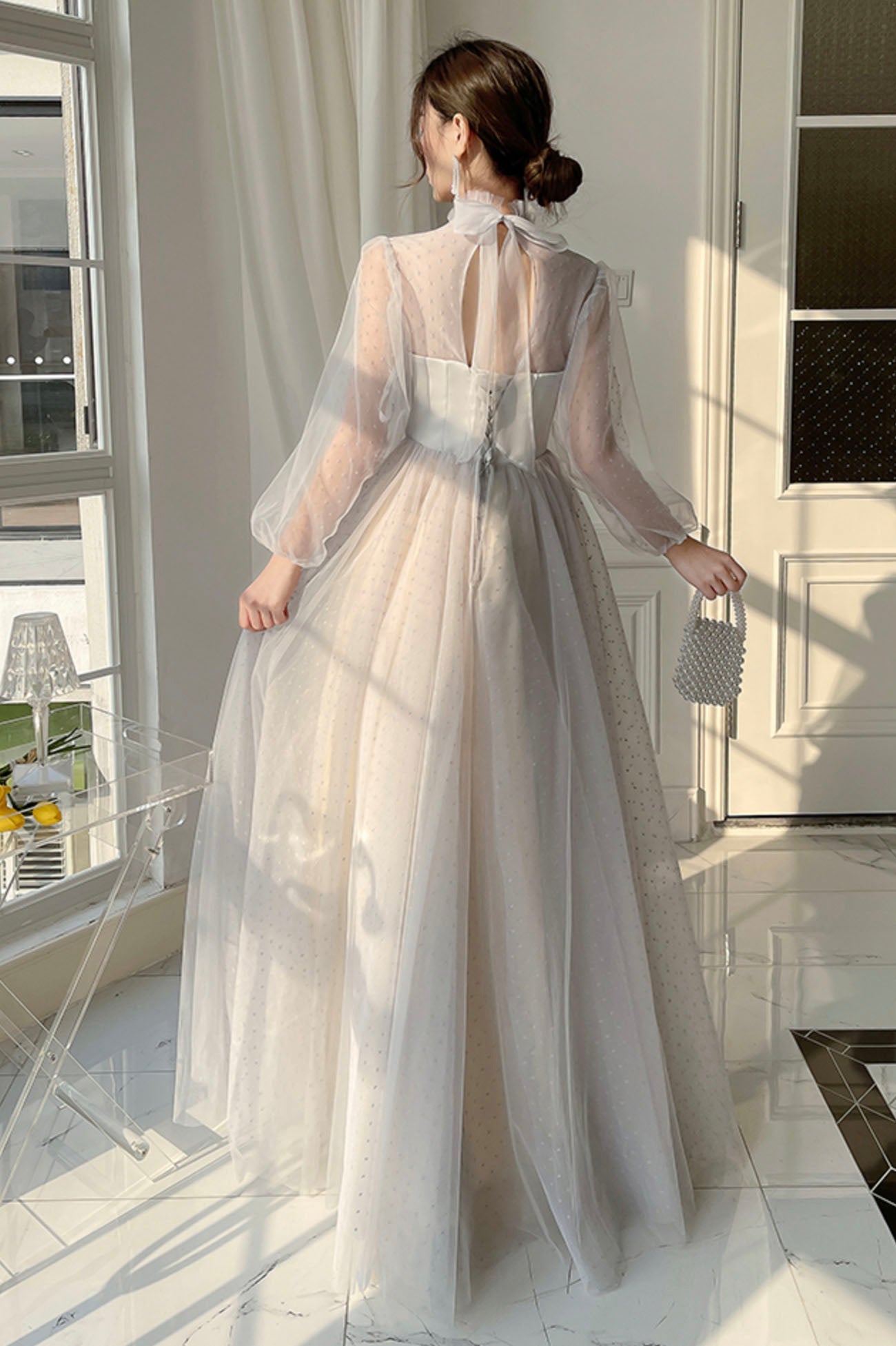 Gray Tulle Floor Length A-Line Prom Dress