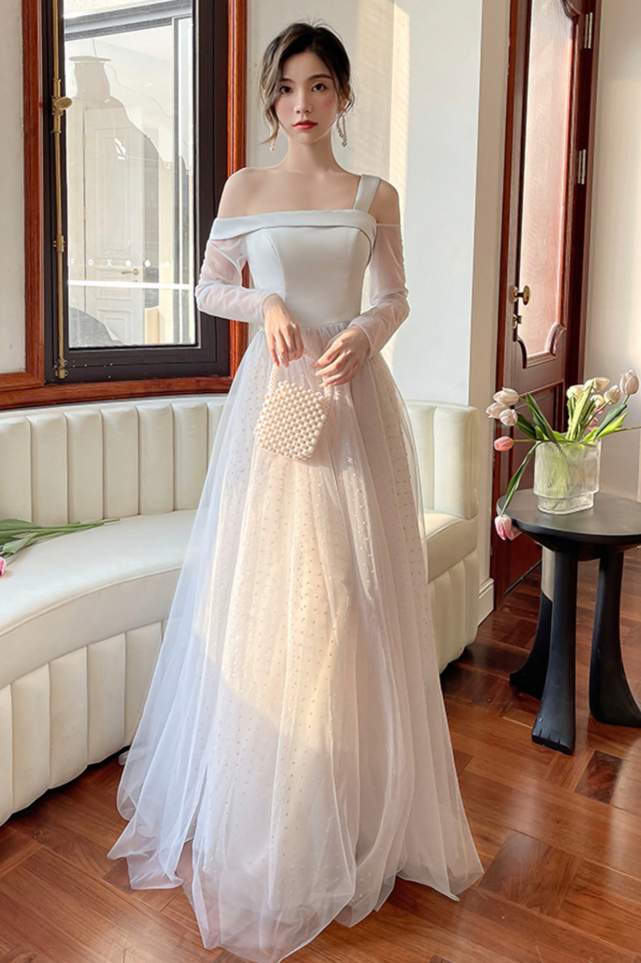 Gray Tulle Floor Length A-Line Prom Dress