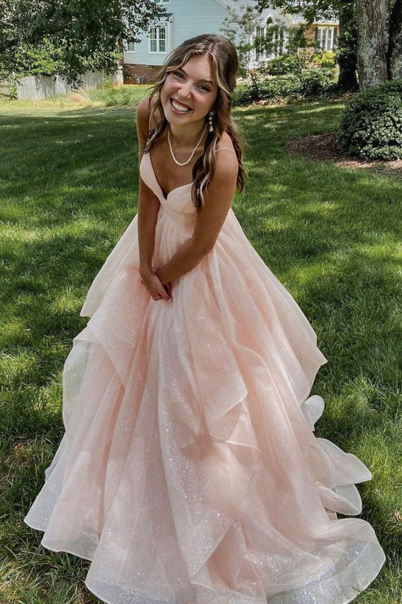 Pink Spaghetti Strap Tulle Long Prom Dress, Beautiful A-Line Evening Party Dress