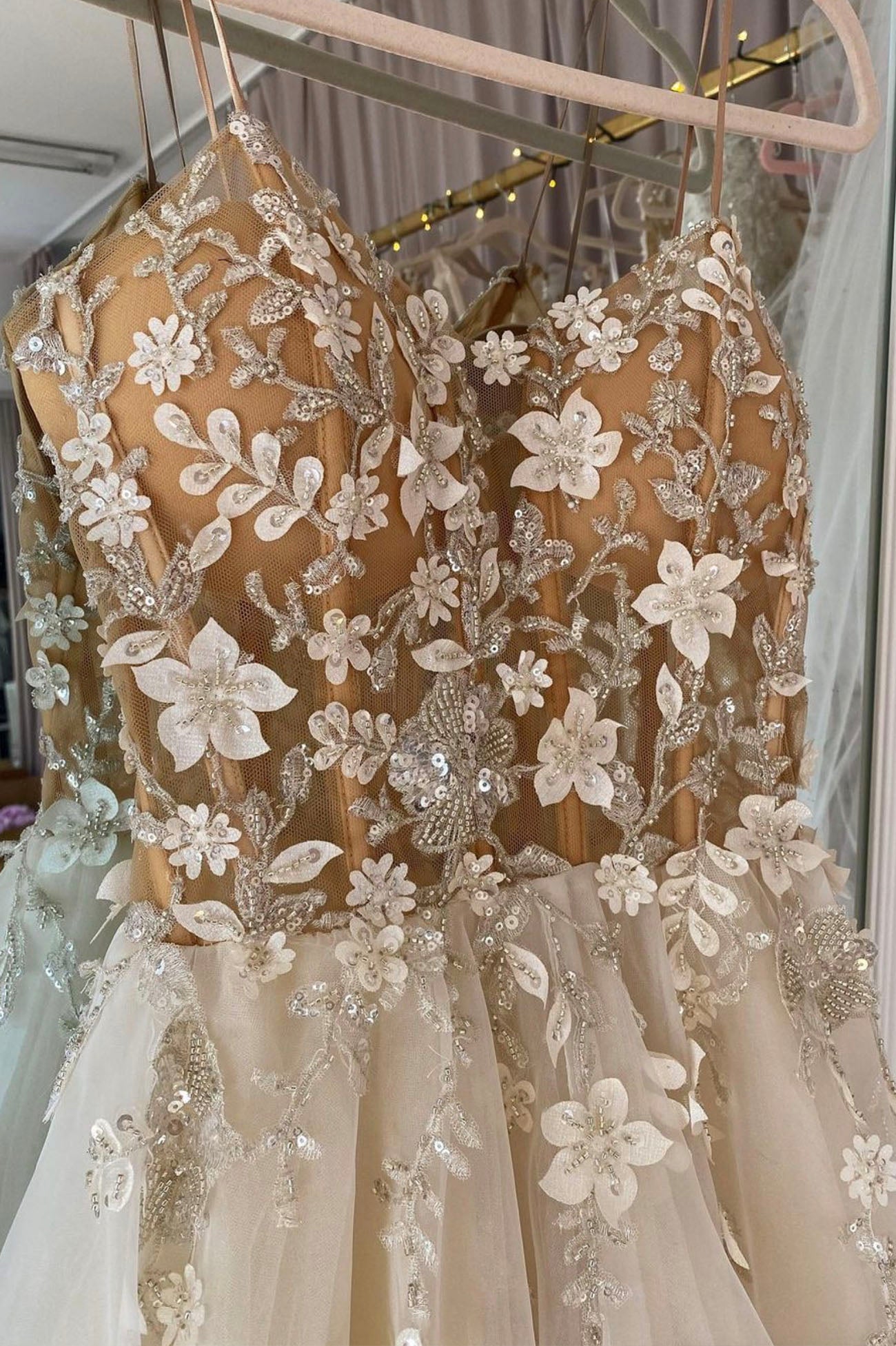 Champagne Spaghetti Strap Chiffon Lace Long Prom Dress