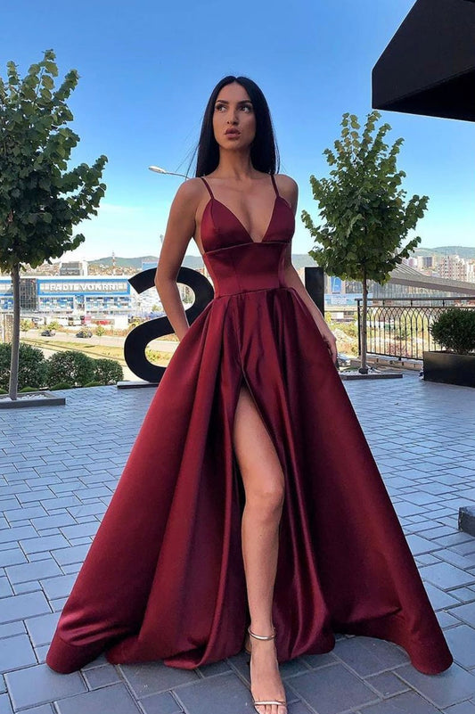 Simple V-Neck Satin Long Prom Dress, A-Line Satin Party Dress with Slit
