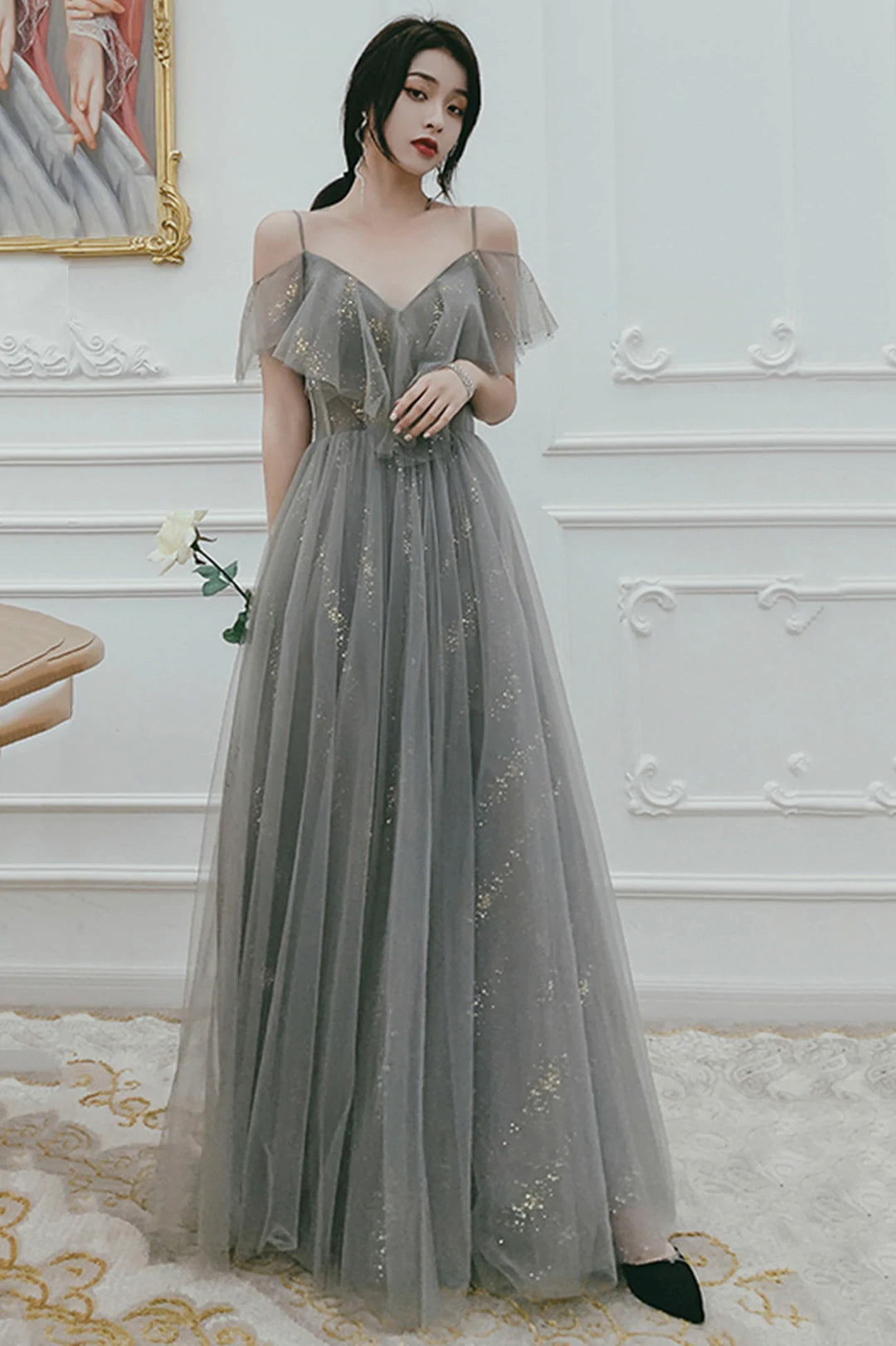 Gray Tulle Floor Length A-Line Prom Dress
