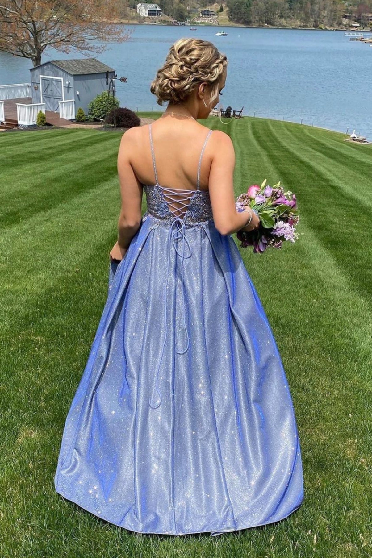 Blue Spaghetti Strap V-Neck Lace Floor Length Prom Dress