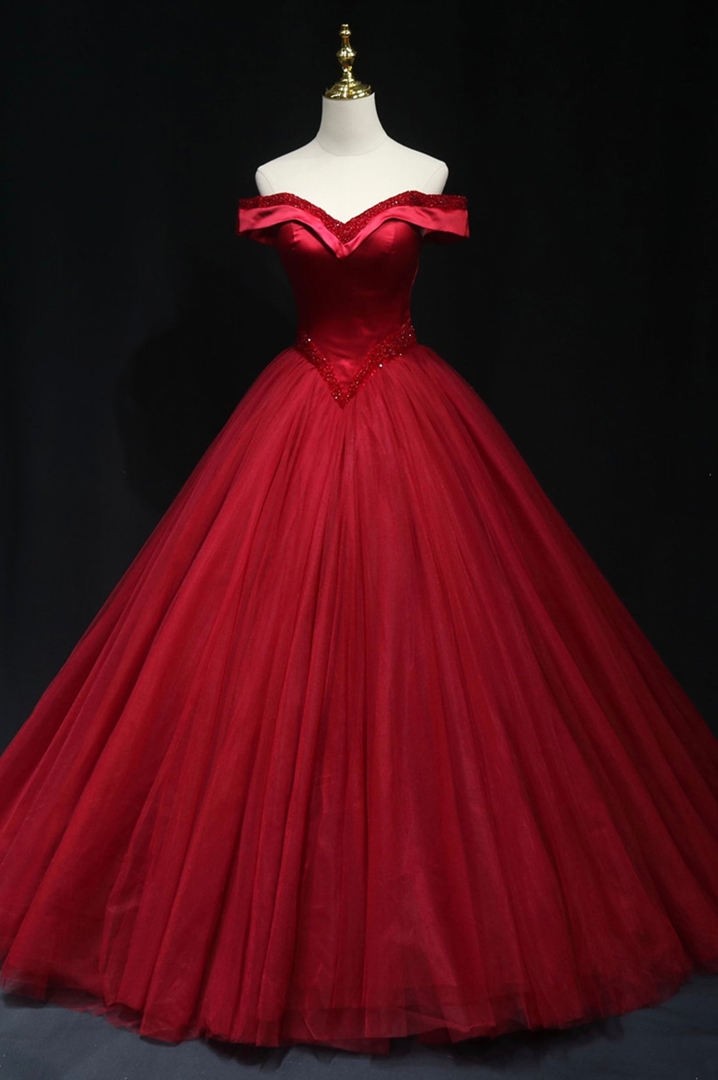 Burgundy Tulle Beaded Long Ball Gown, Off the Shoulder Evening Party Gown