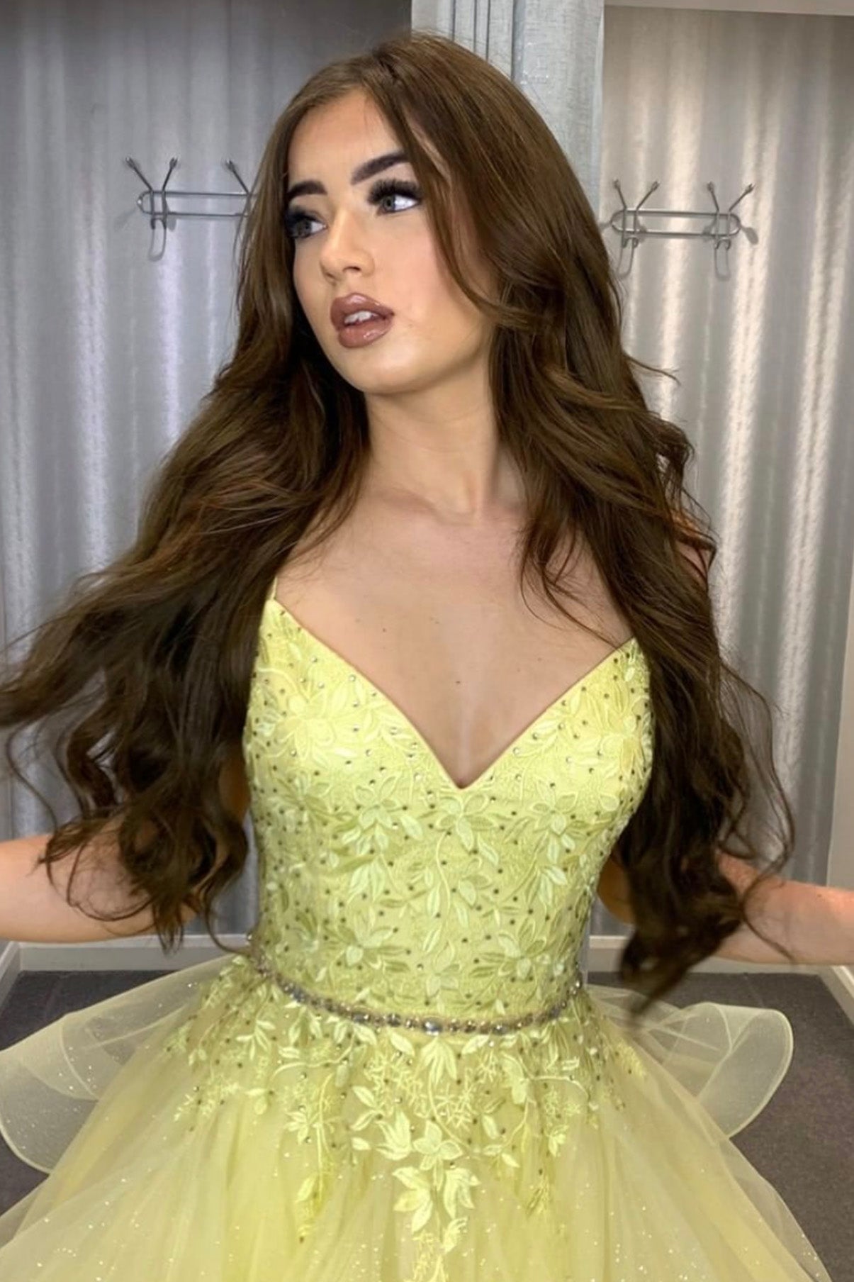 Yellow V-Neck Lace Long Prom Dress, Yellow Spaghetti Strap Evening Dress