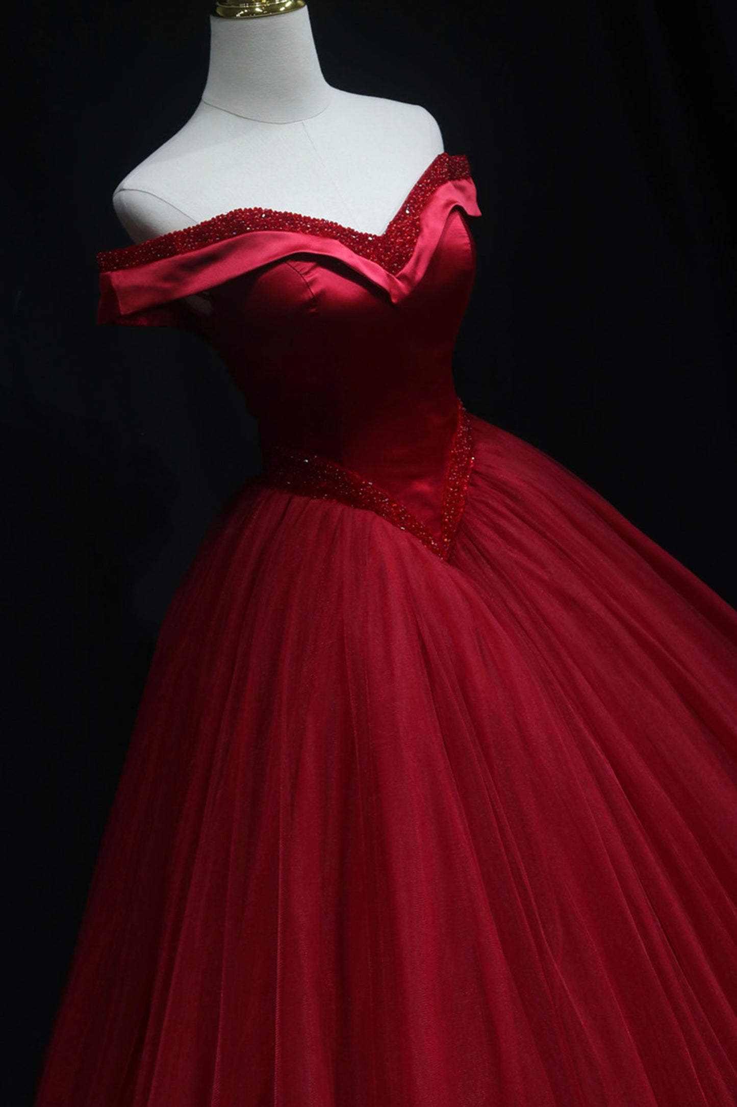 Burgundy Tulle Beaded Long Ball Gown, Off the Shoulder Evening Party Gown