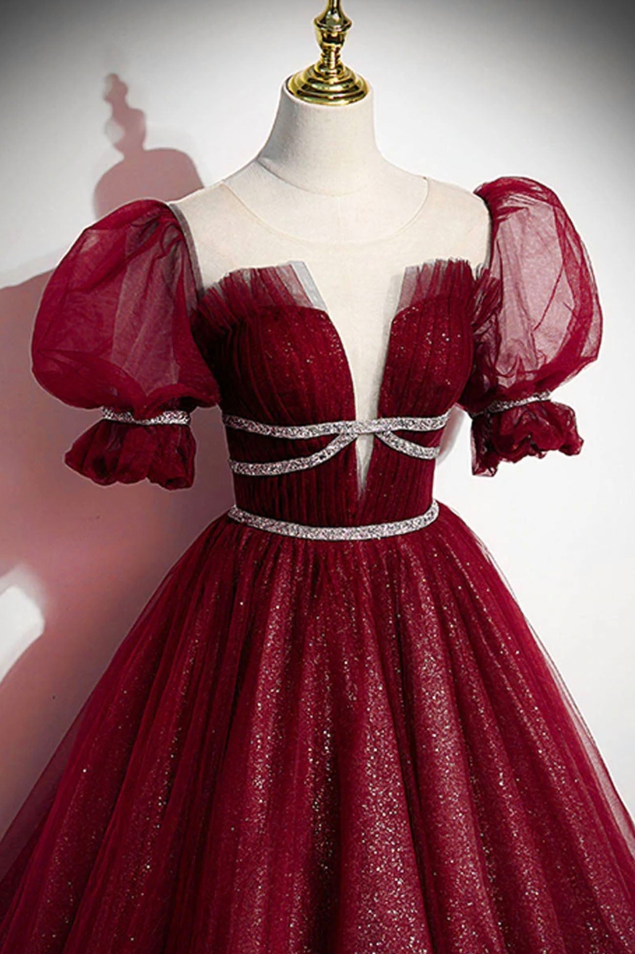 Stylish Tulle Sequins Long Prom Dress, A-Line Short Sleeve Evening Dress