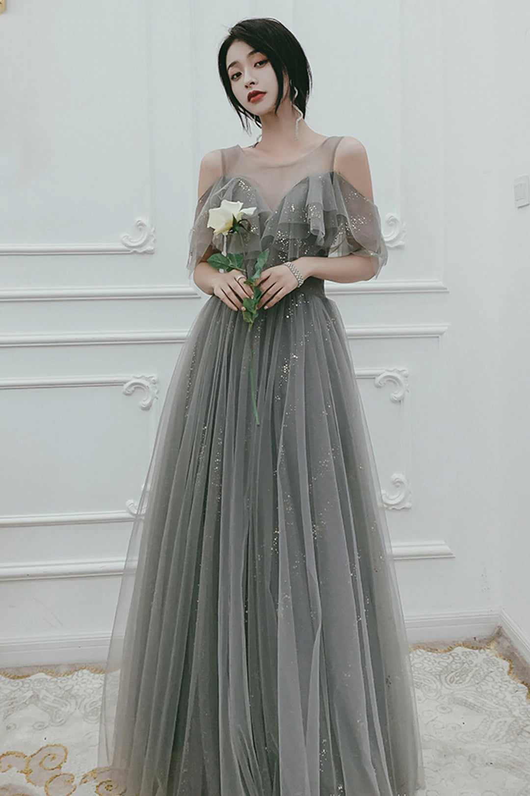 Gray Tulle Floor Length A-Line Prom Dress