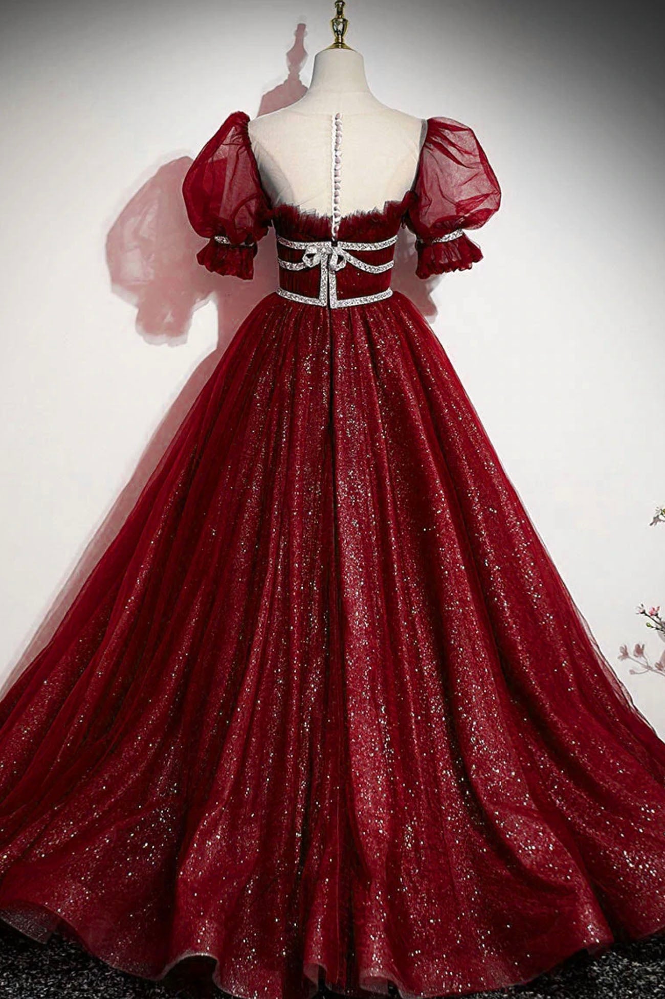 Stylish Tulle Sequins Long Prom Dress, A-Line Short Sleeve Evening Dress