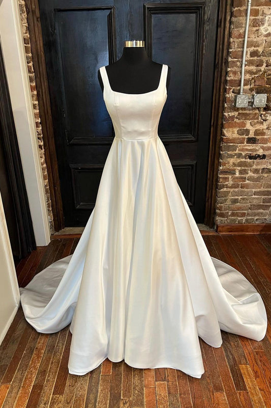 White Satin Long Prom Dress, A-Line Backless Evening Party Dress