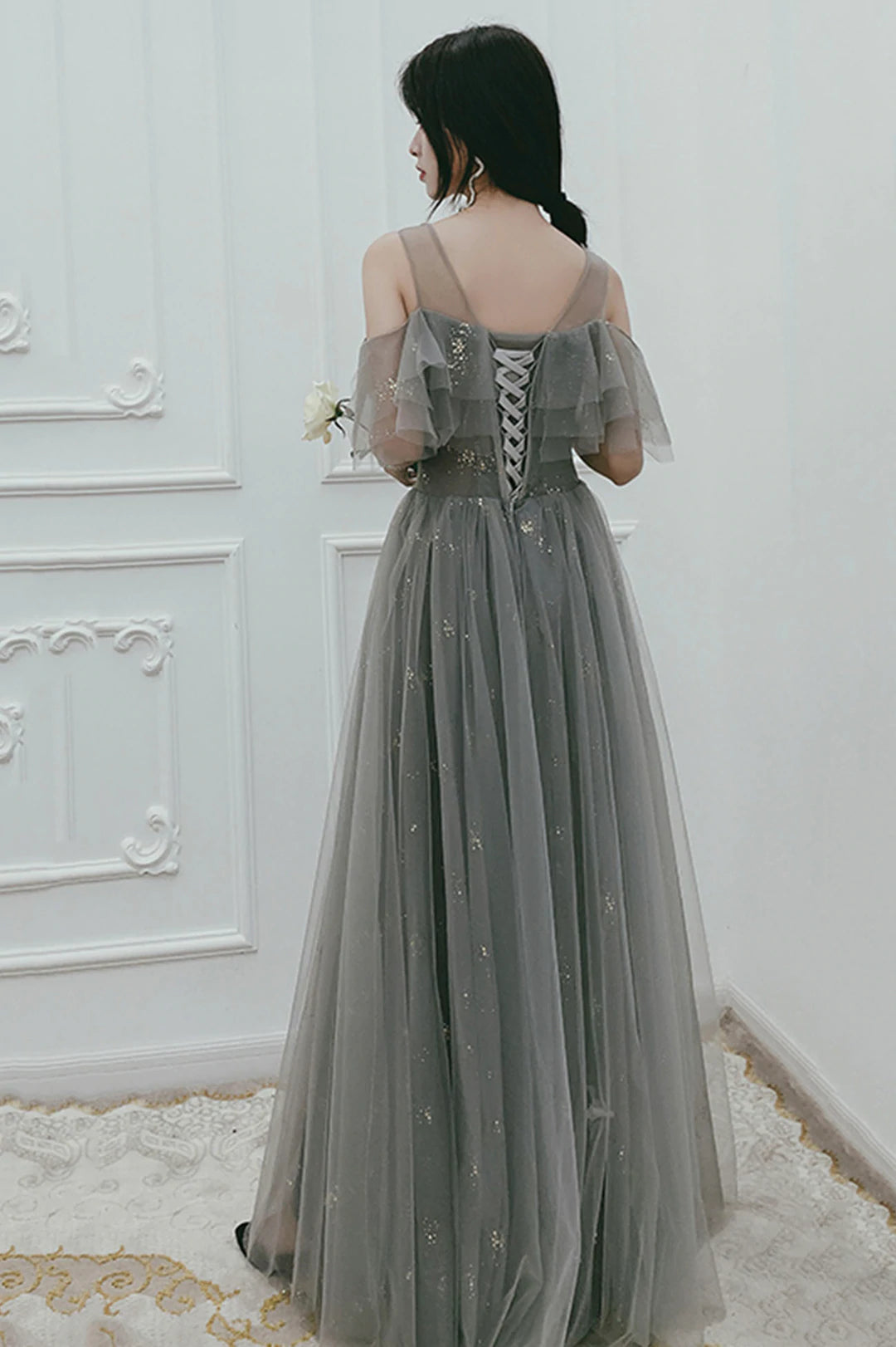 Gray Tulle Floor Length A-Line Prom Dress