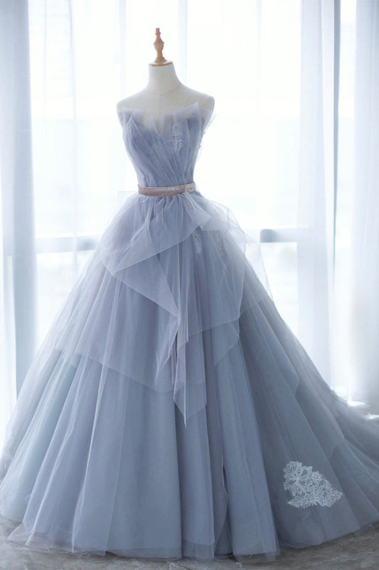 Blue Tulle Long A-Line Prom Dress with Lace