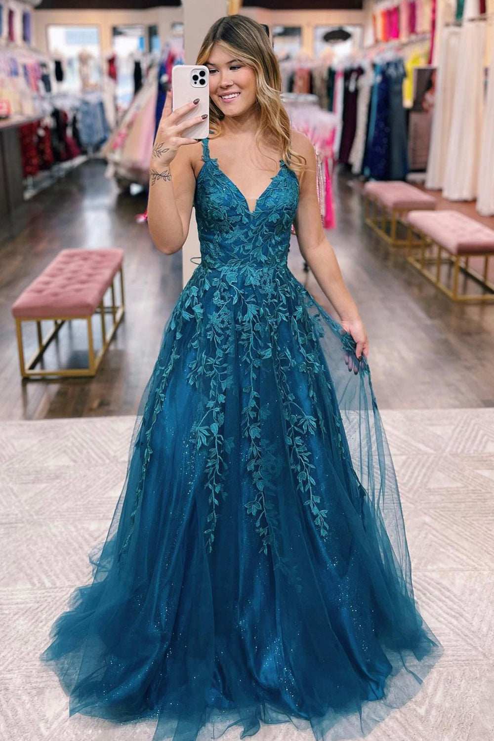 Blue V-Neck Lace Long Prom Dress, A-Line Formal Evening Dress