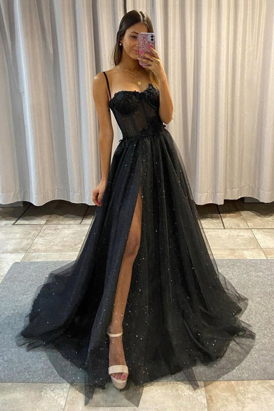 Black Spaghetti Strap Tulle Lace Long Prom Dress, Black A-Line Evening Dress