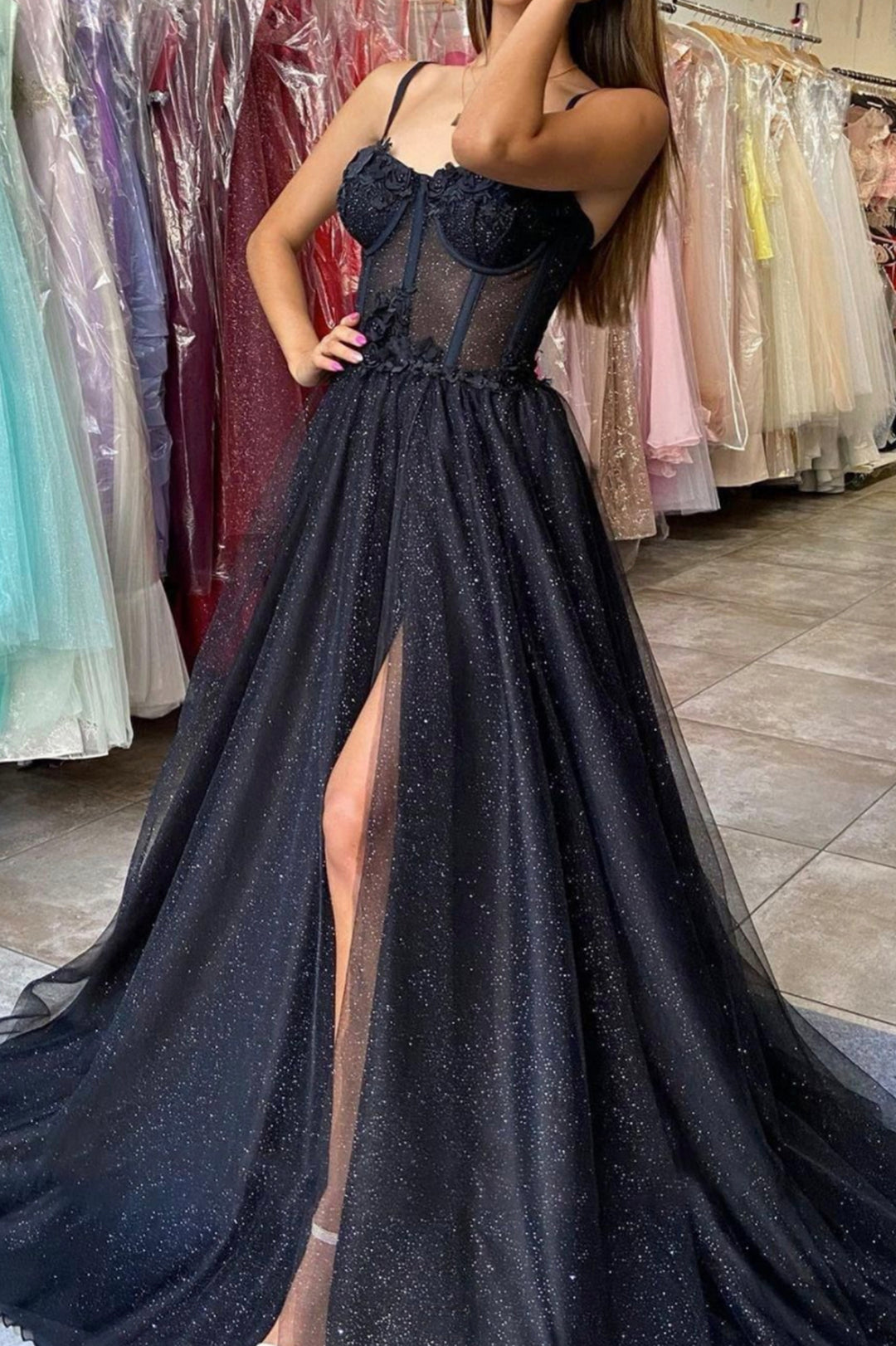 Black Spaghetti Strap Tulle Lace Long Prom Dress, Black A-Line Evening Dress