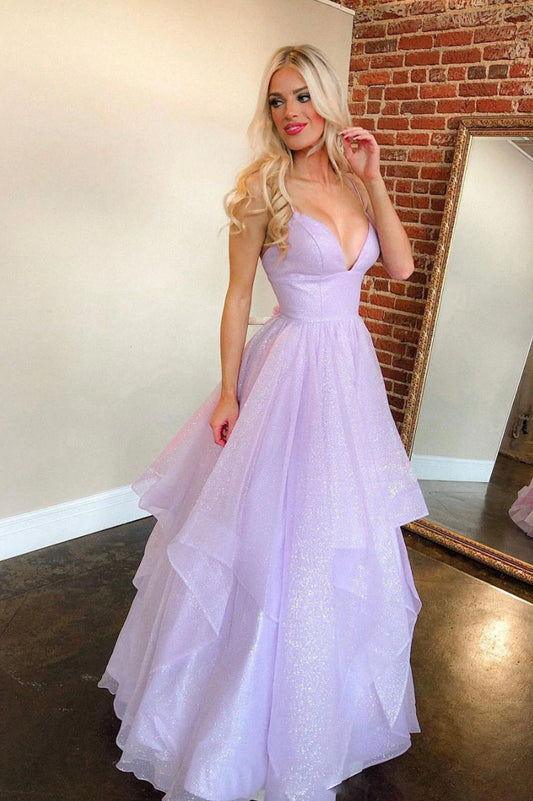 Purple Spaghetti Strap V-Neck Tulle Long Prom Dress