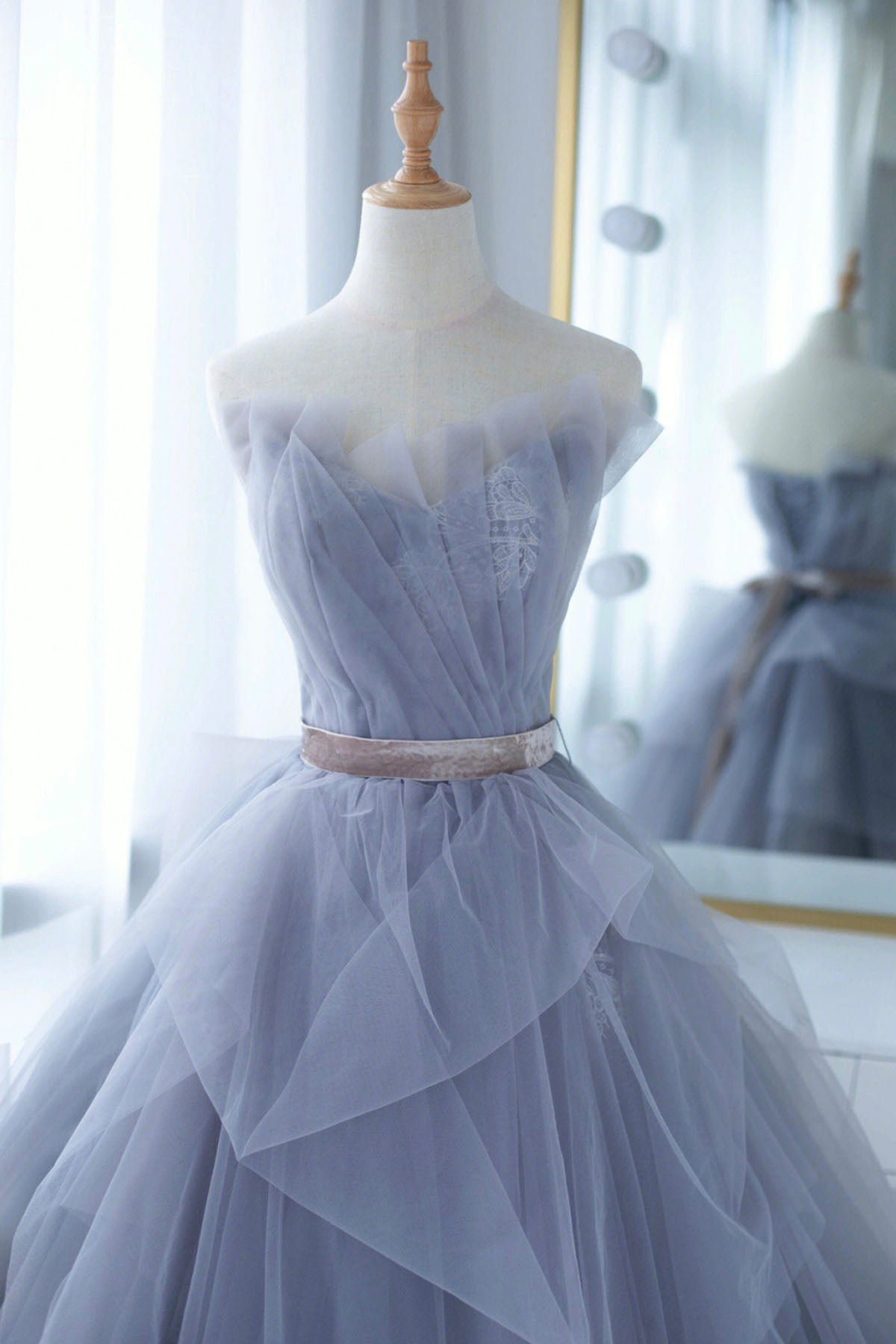 Blue Tulle Long A-Line Prom Dress with Lace