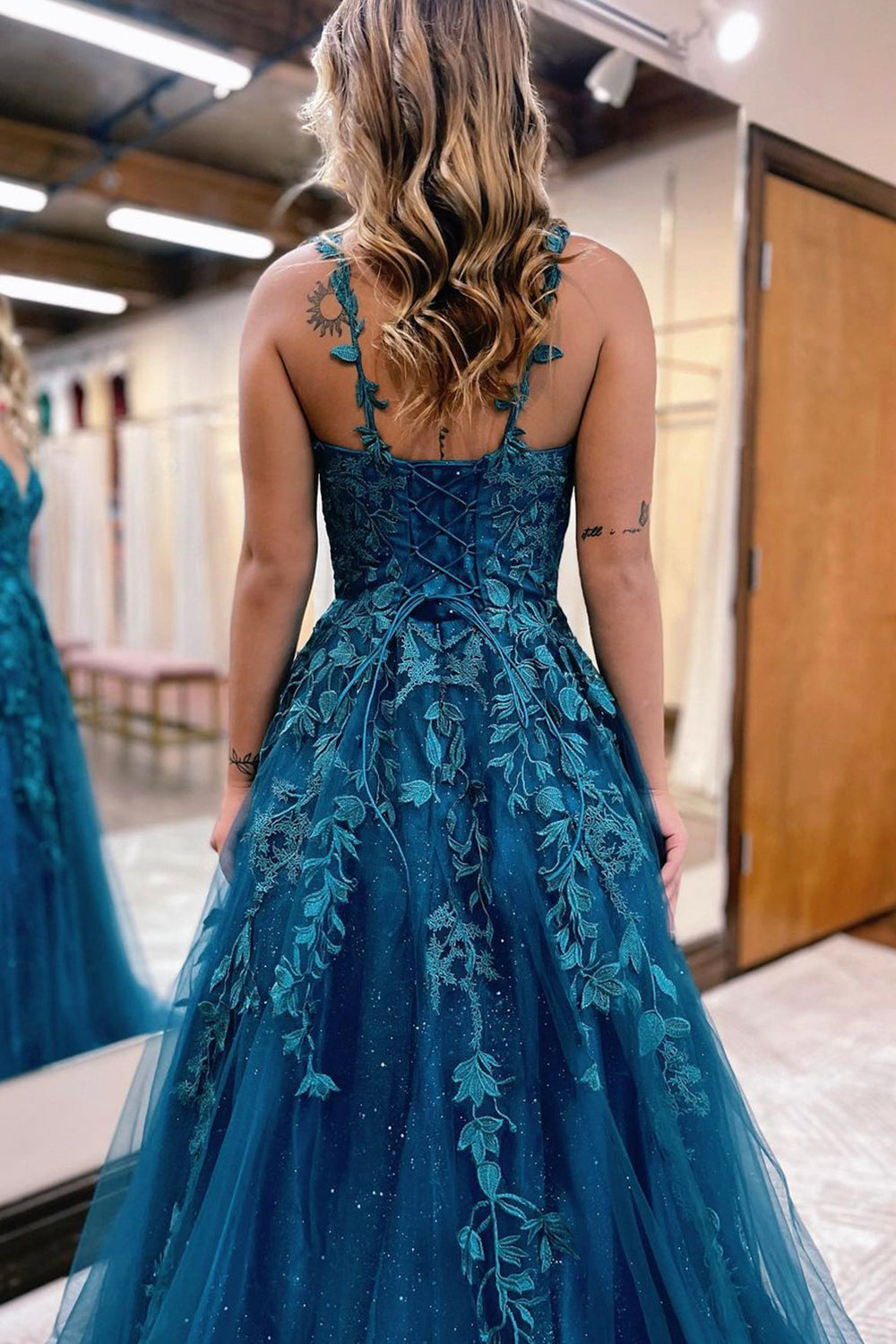 Blue V-Neck Lace Long Prom Dress, A-Line Formal Evening Dress