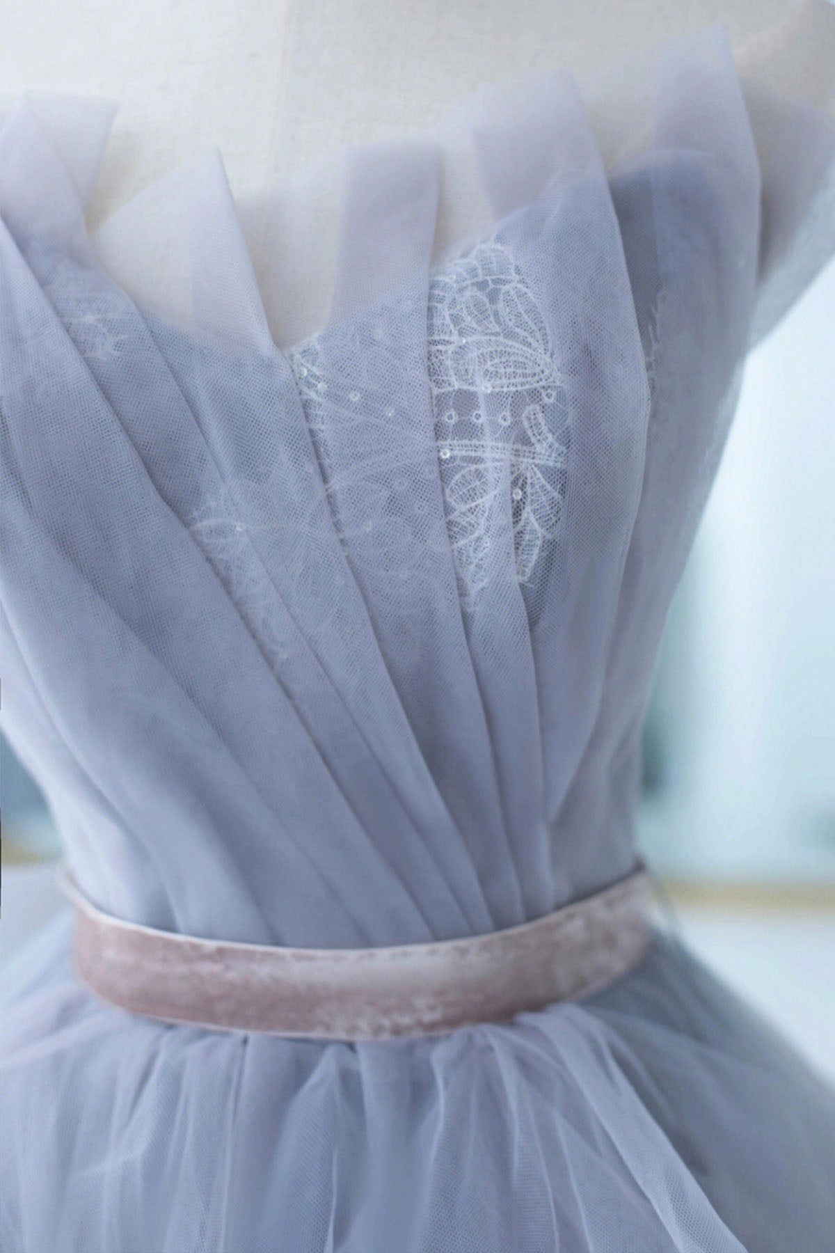 Blue Tulle Long A-Line Prom Dress with Lace