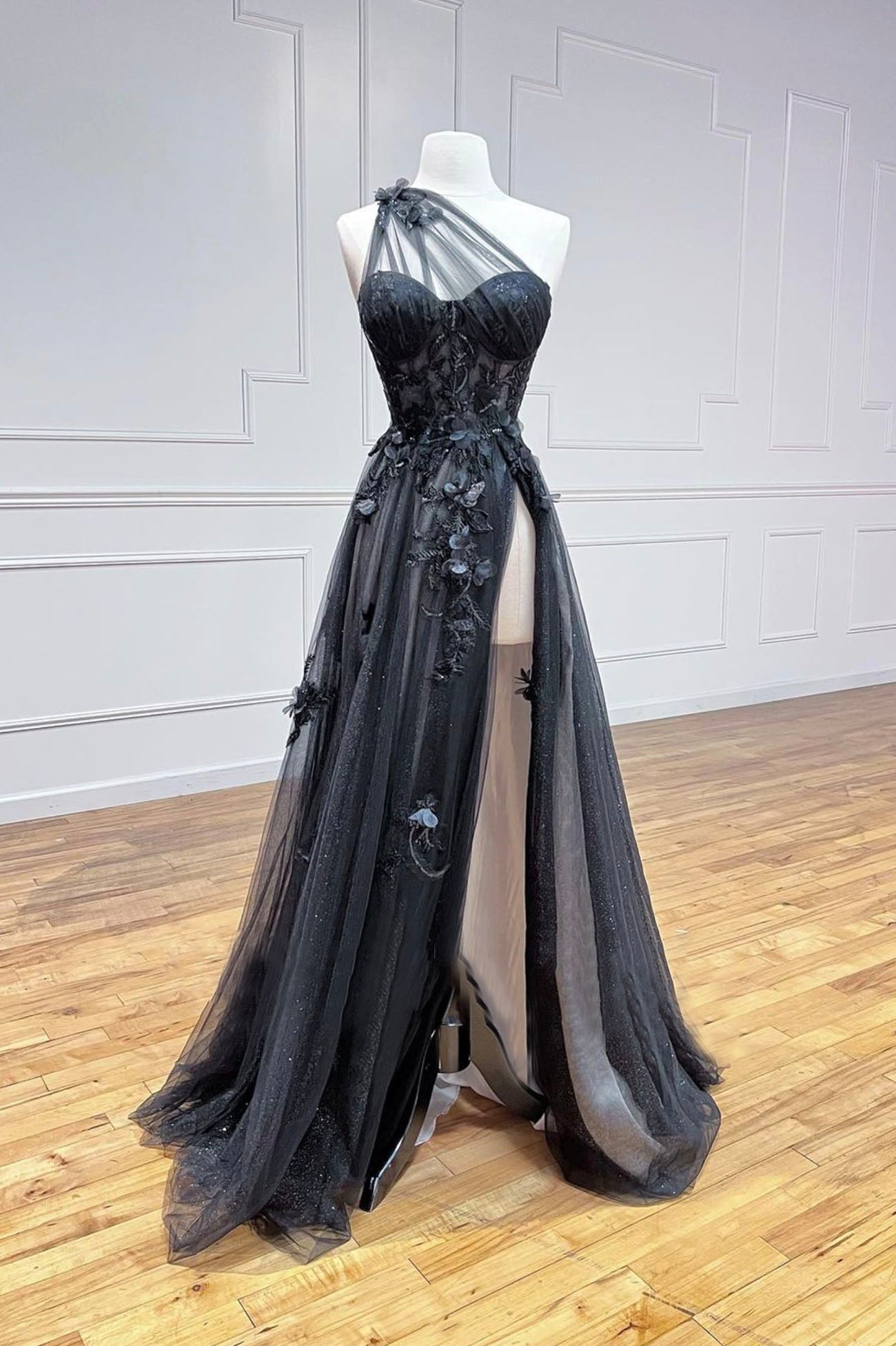 Black One Shoulder Lace Long Prom Dress – girlideas