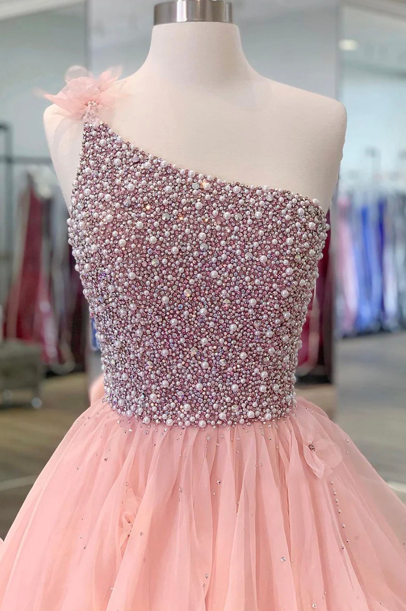 A-Line One Shoulder Peach Beaded Flouncing Long Prom Dress Formal Dress