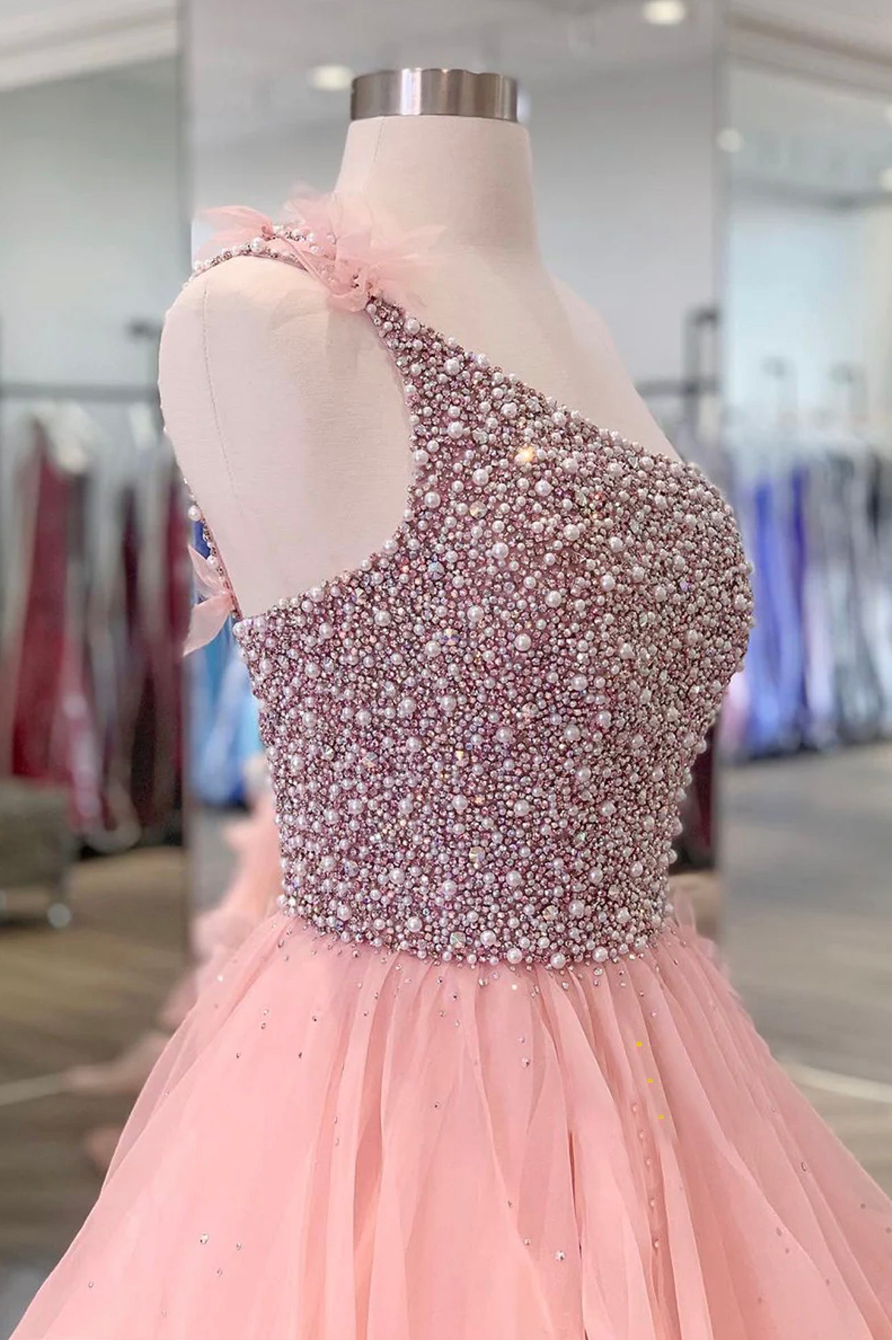 A-Line One Shoulder Peach Beaded Flouncing Long Prom Dress Formal Dress