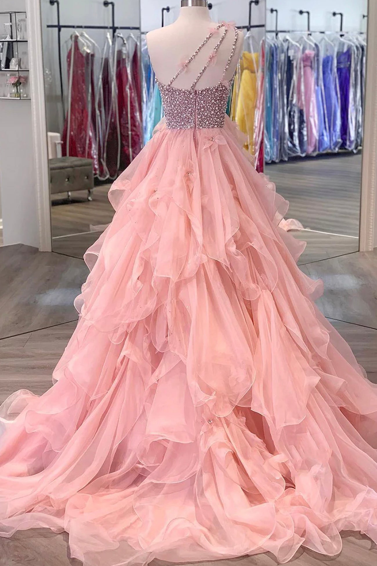 A-Line One Shoulder Peach Beaded Flouncing Long Prom Dress Formal Dress