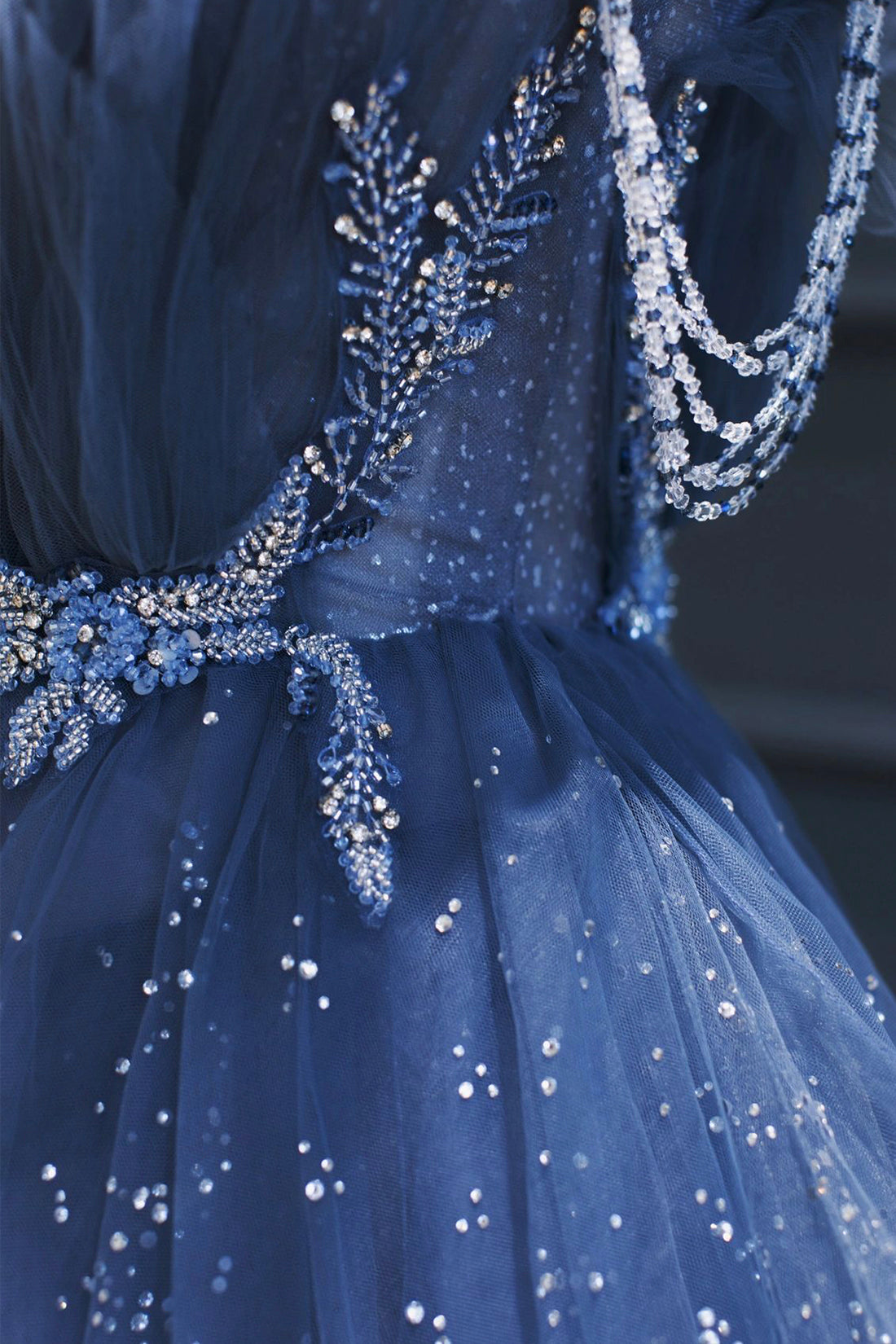 Dark Blue Tulle Beaded Long Senior Prom Dress, A-Line Evening Party Dress