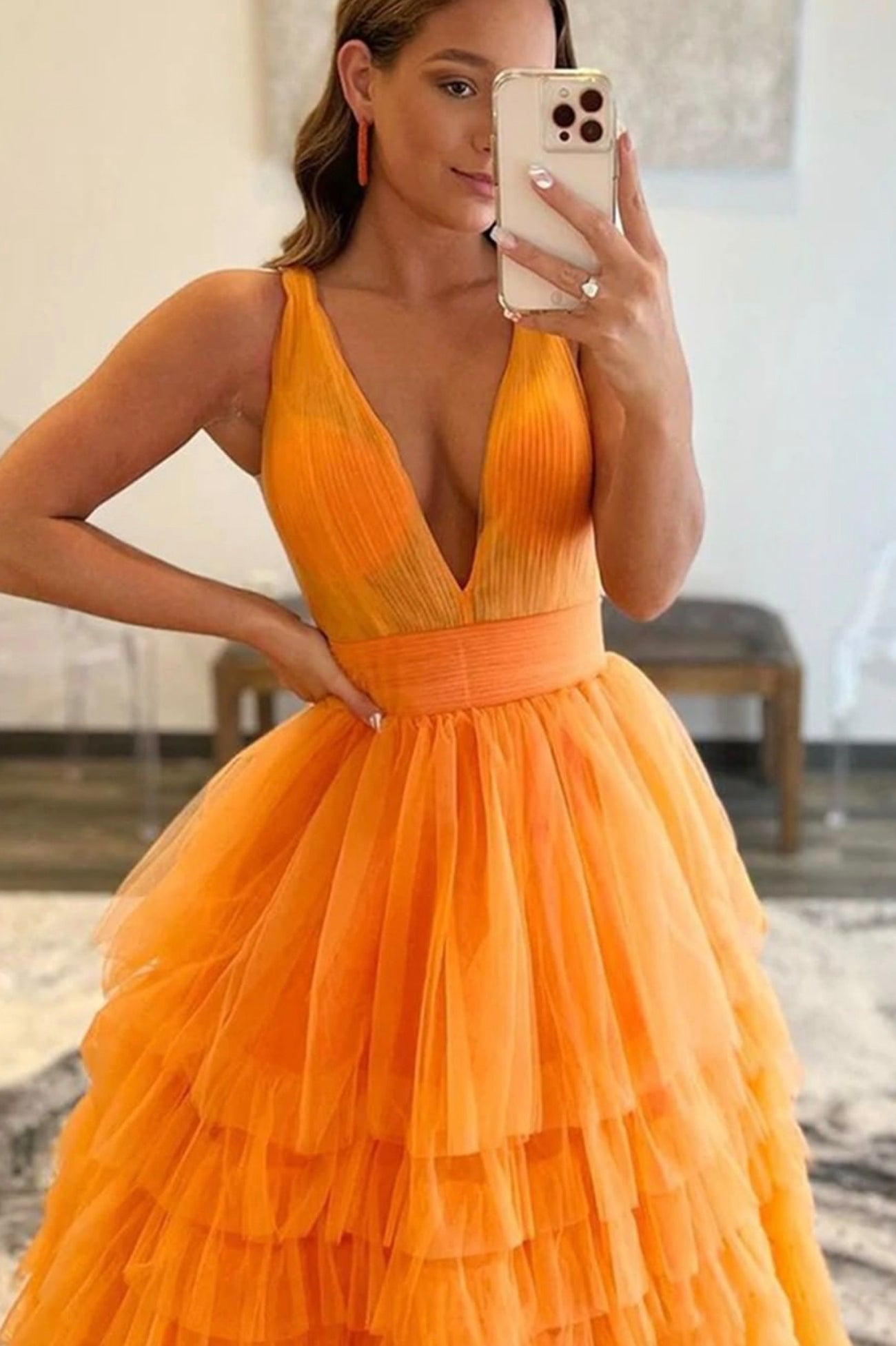 Orange V-Neck Tulle Long Prom Dress