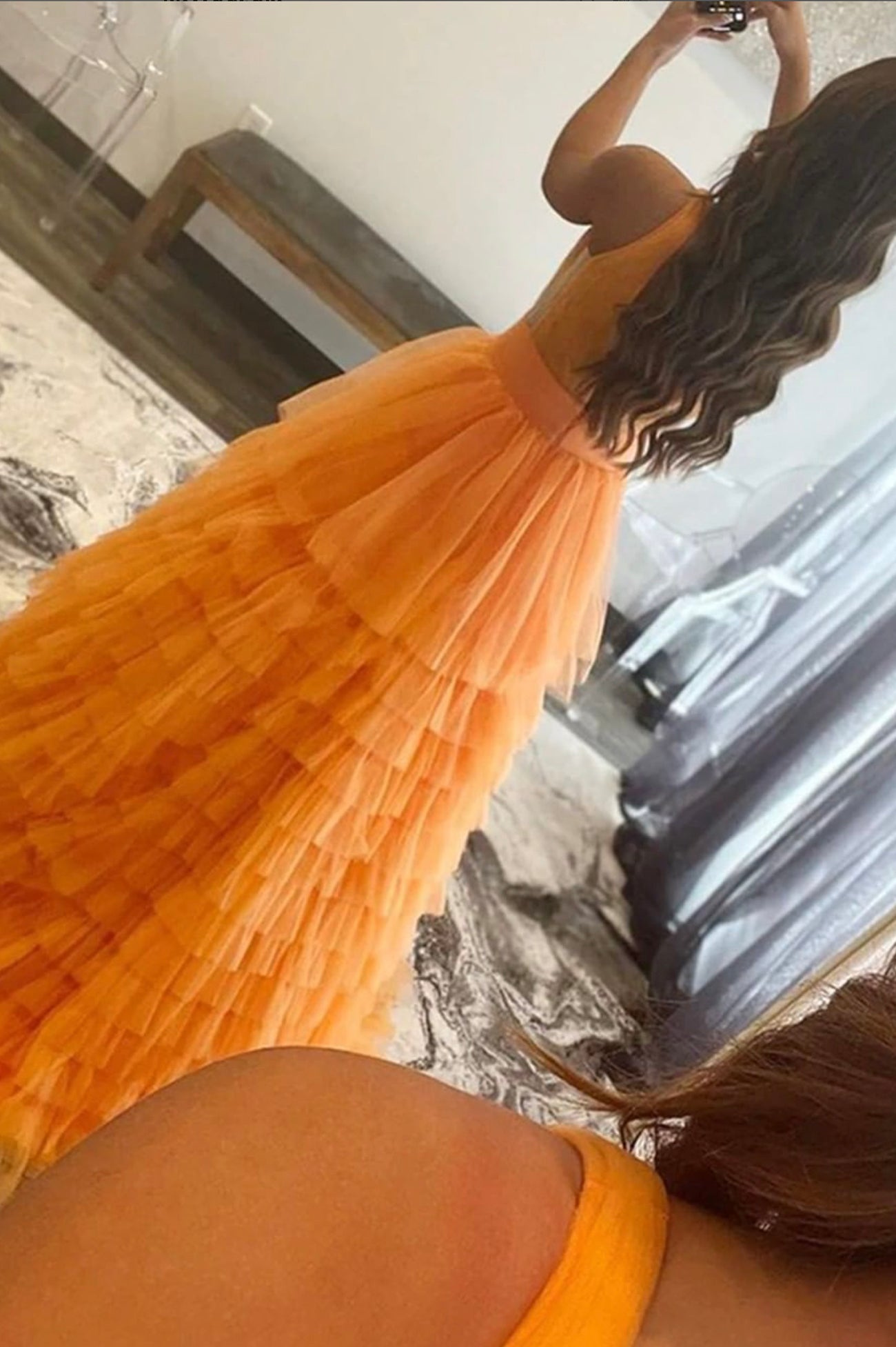 Orange V-Neck Tulle Long Prom Dress