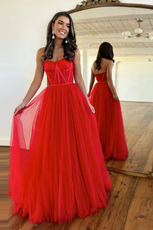 Red Strapless Lace Long Prom Dress, Red Evening Party Dress