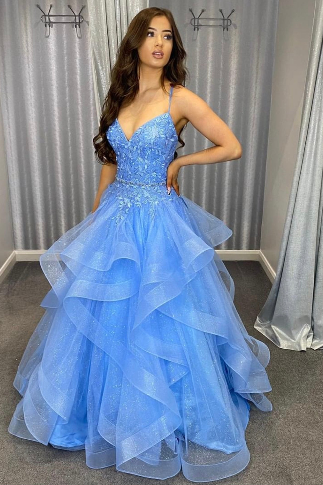 Blue Spaghetti Strap Lace Long A-Line Ball Gown